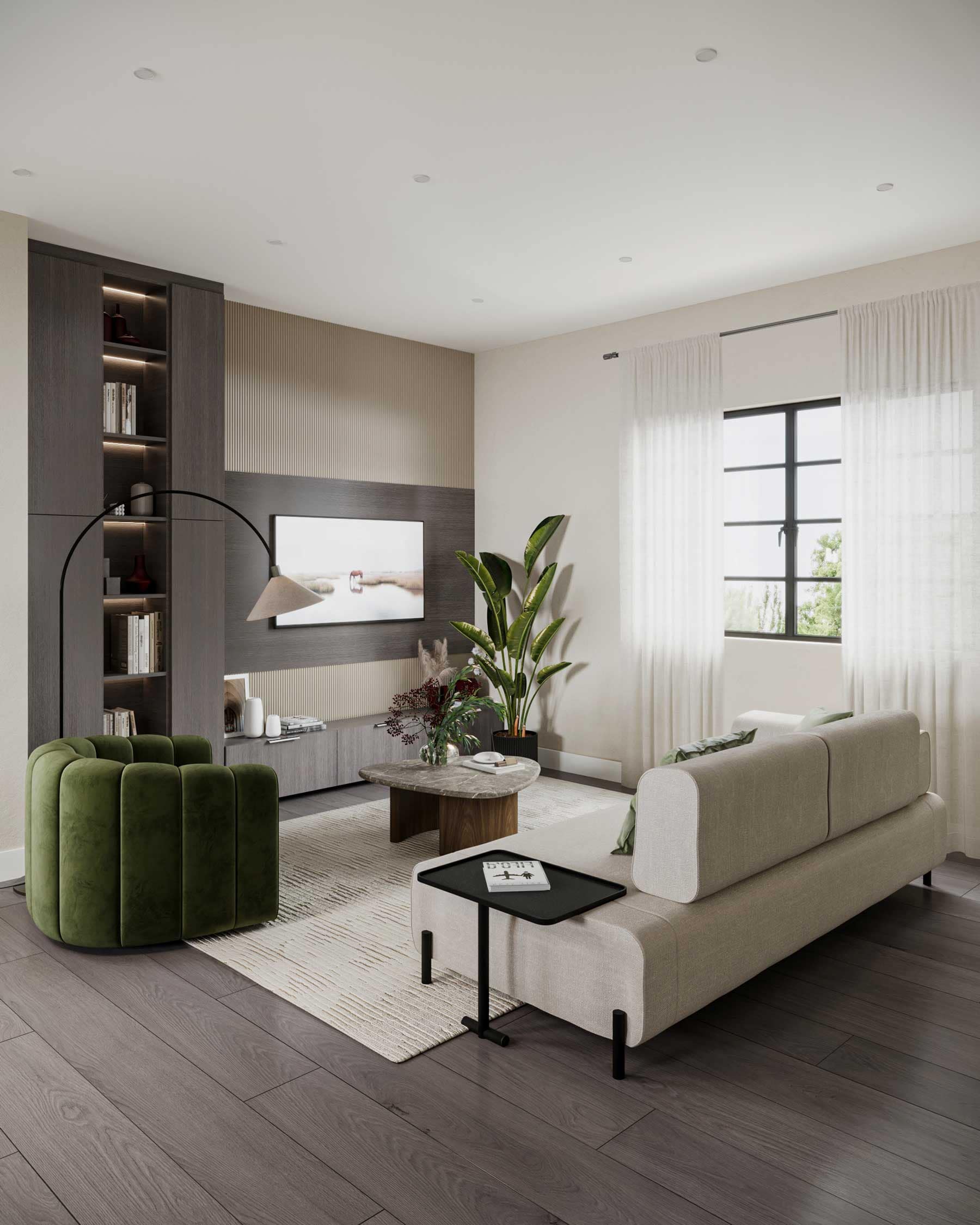 Contemporary living room interior at Bromley Langley featuring designer furniture, large windows, custom millwork, built-in shelving, and warm neutral finishes by Leone Homes at 20815 45A Avenue in Langley.