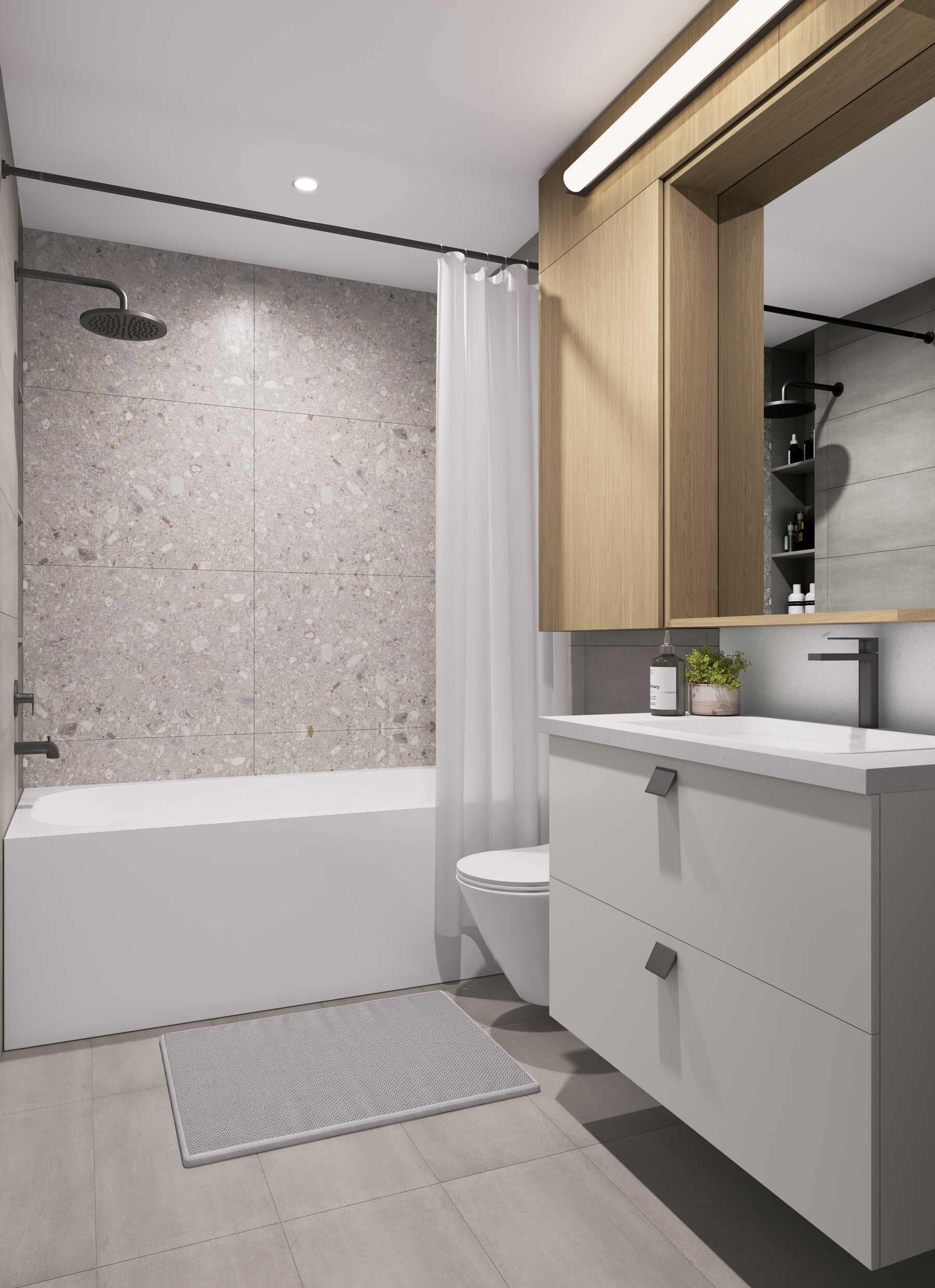 Contemporary bathroom at Be W 49th Vancouver featuring light terrazzo-inspired wall tile, white vanity cabinetry, matte black plumbing fixtures, and modern integrated mirror storage by Modella Developments.