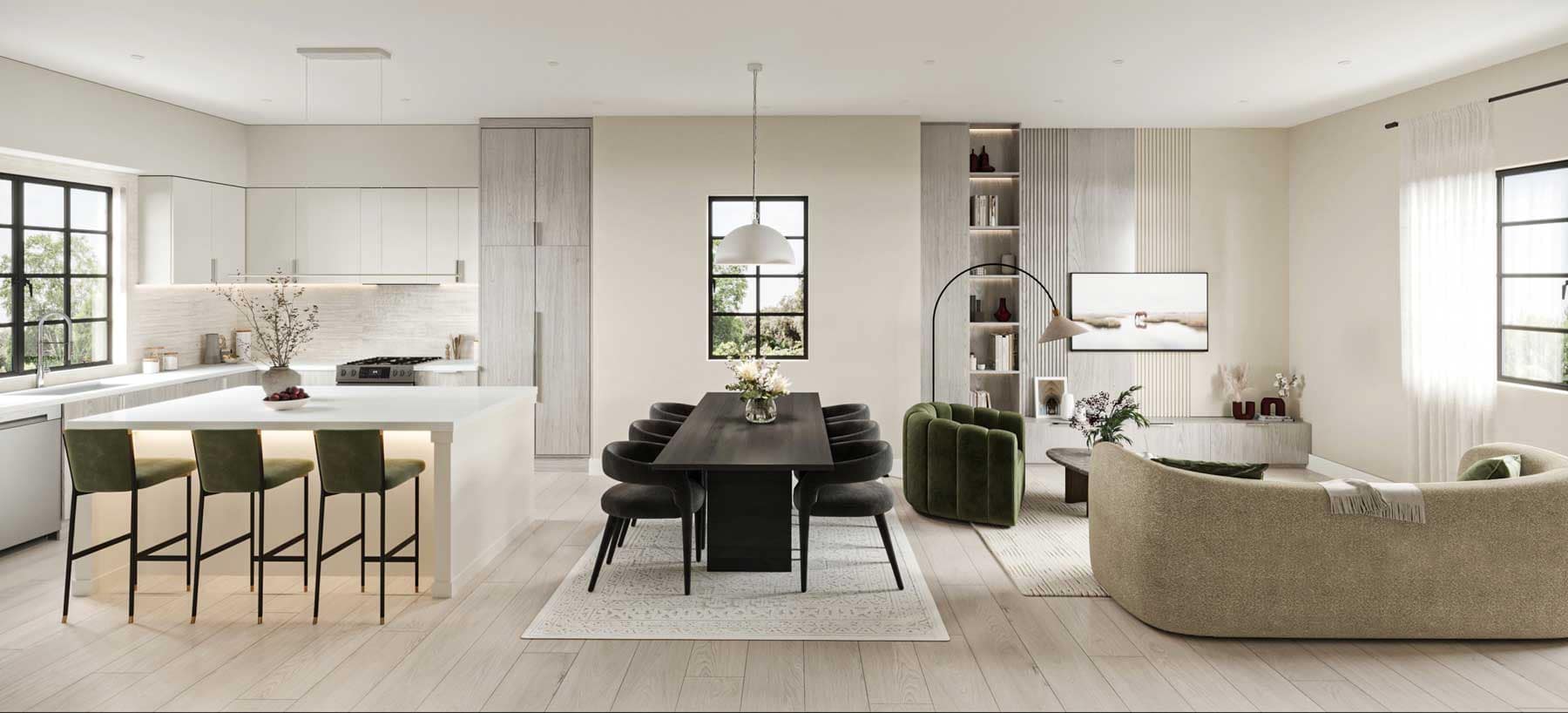 Open-concept living and dining area at Bromley Langley by Leone Homes featuring a spacious kitchen island, modern dining room, designer lighting, custom built-ins, and elegant contemporary interiors at 20815 45A Avenue in Brookswood Langley.