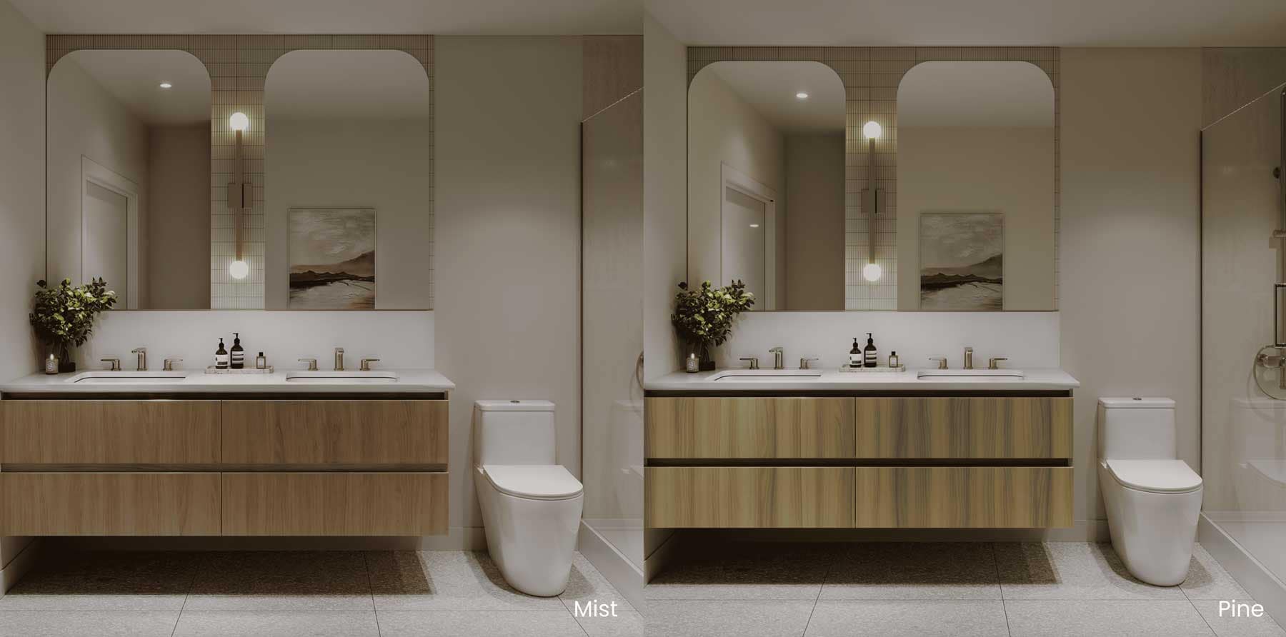 Bathroom finish comparison at Rocklin Burke Mountain by StreetSide at 1295 Rocklin Street in Coquitlam, showing the Mist and Pine colour palettes with double vanities, arched mirrors, wood cabinetry, modern lighting, and contemporary fixtures.