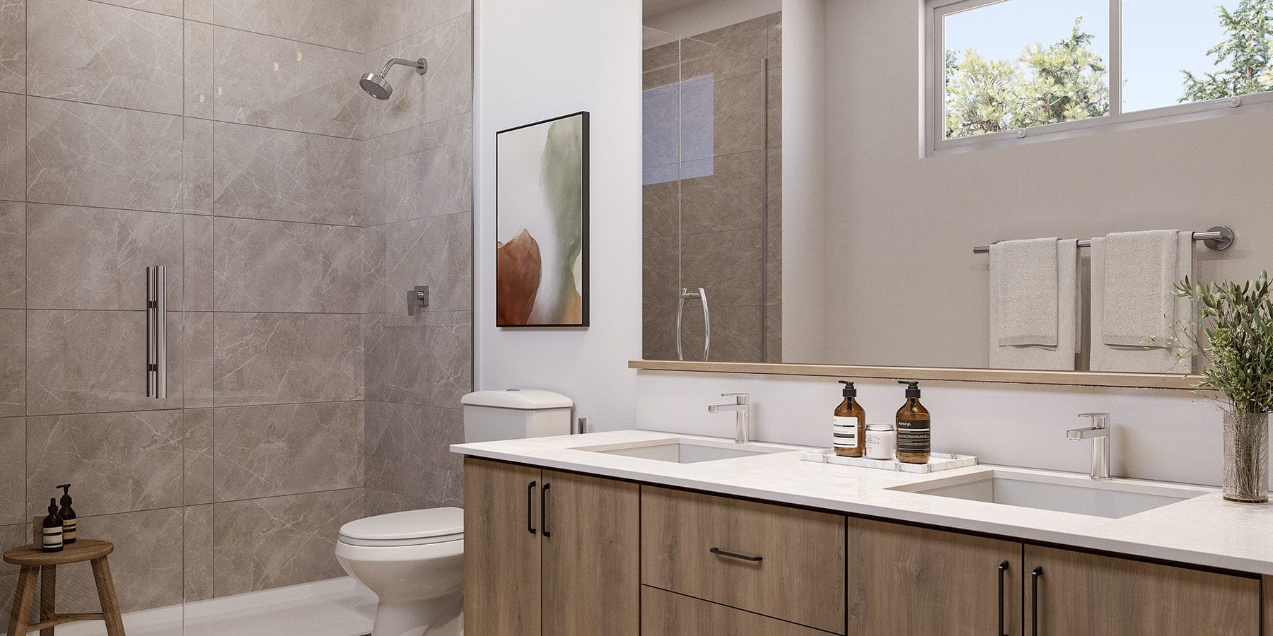 Elegant bathroom at Rindall Port Coquitlam showcasing a frameless glass shower, large-format tile, quartz vanity, and modern fixtures in a Woodbridge-built townhome.