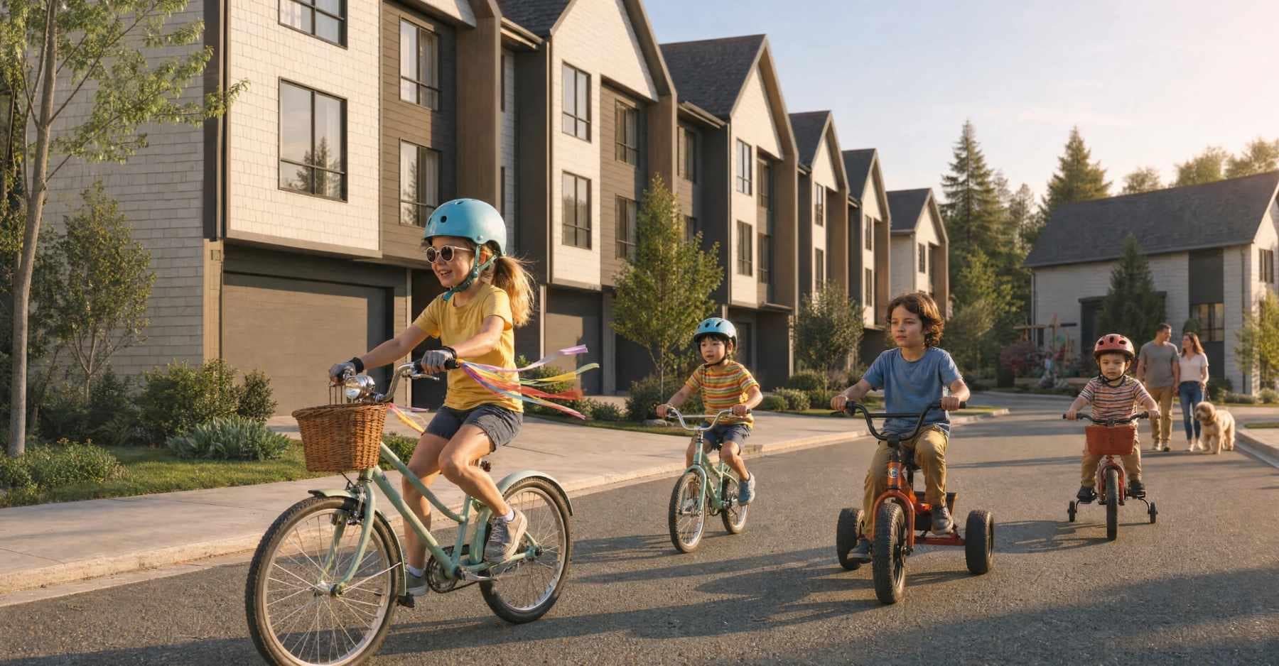 Children riding bikes and a tricycle down a quiet street lined with Towns at Burke Coquitlam townhomes, showing the development's gabled rooflines and street-facing garages.