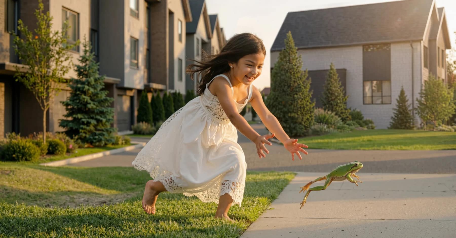 A young girl in a white dress chasing a frog on the sidewalk in front of townhomes at Towns at Burke Coquitlam, surrounded by landscaped lawns and mature trees.