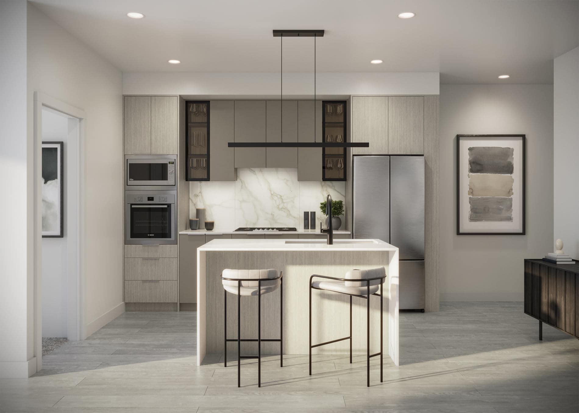 Bright modern kitchen at Amson Bloc Surrey with light wood cabinetry, marble backsplash, island seating, and stainless steel appliances by Amson Group at 5937 144 Street Panorama Ridge
