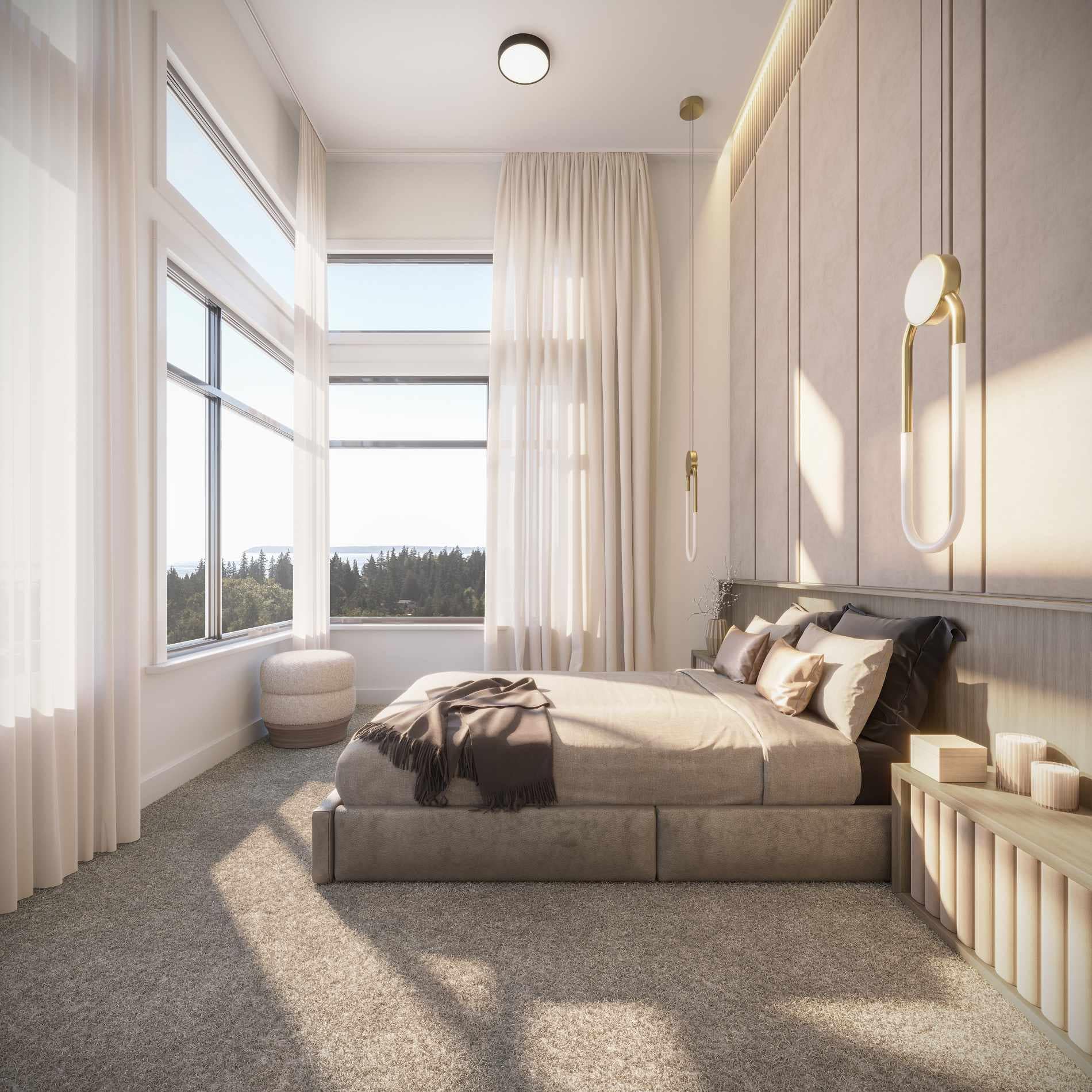 Bright bedroom interior at Amson Bloc Surrey by Amson Group featuring large windows, soft carpeting, modern lighting, and natural light at 5937 144 Street Panorama Ridge Surrey