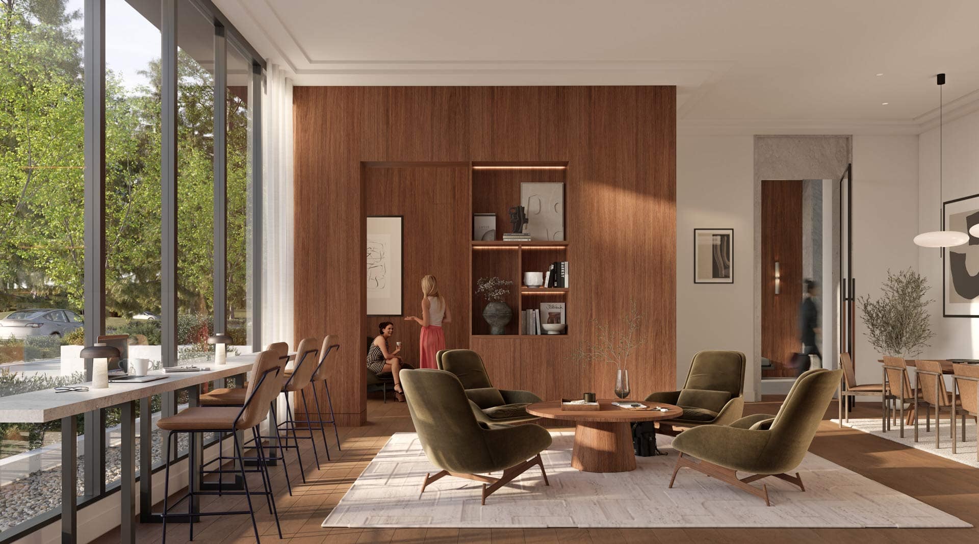 Amenity lounge at Town & Centre by Mosaic at 3650 Westwood Street featuring seating areas, wood accents, and social gathering space in Coquitlam Town Centre