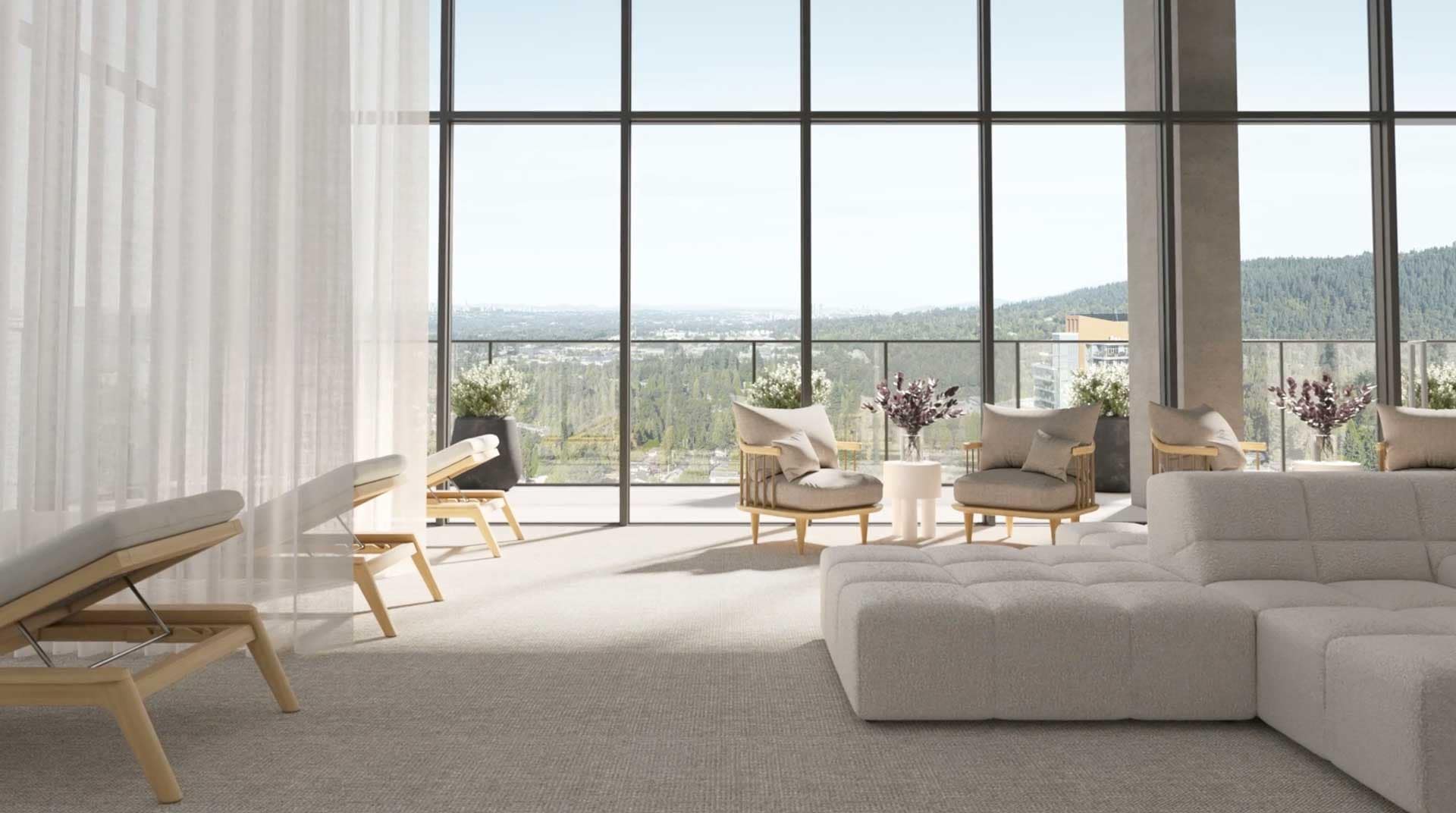 Resident lounge at Jinju Coquitlam by Anthem Properties in Burquitlam, 533 Cottonwood Avenue, showcasing modern seating, soft neutral tones, floor-to-ceiling windows, and sweeping views over Coquitlam and surrounding greenery.