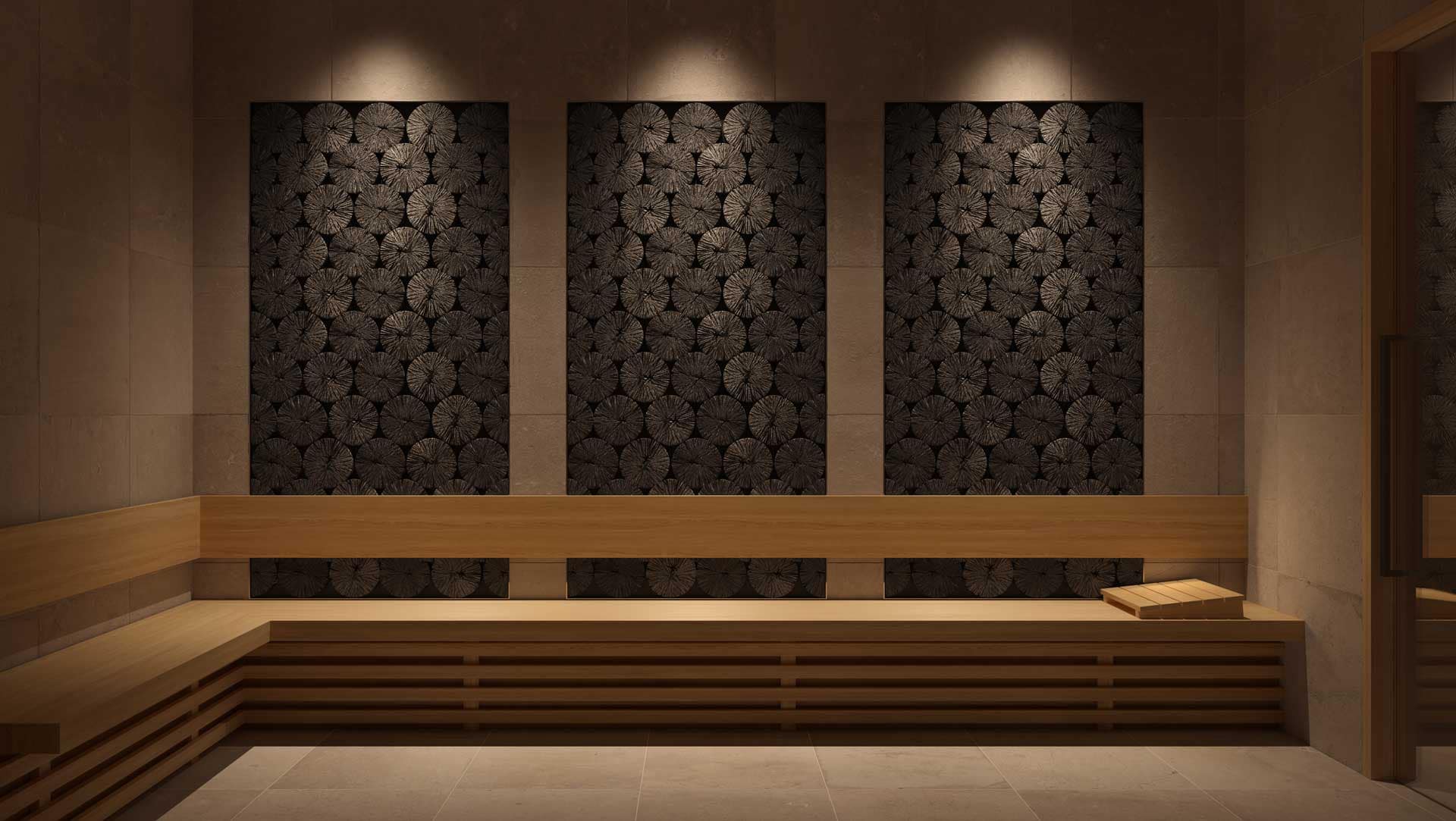 Sauna room at Jinju Coquitlam condos by Anthem Properties, located at 533 Cottonwood Avenue in Burquitlam, featuring wood bench seating, textured wall panels, and ambient lighting.