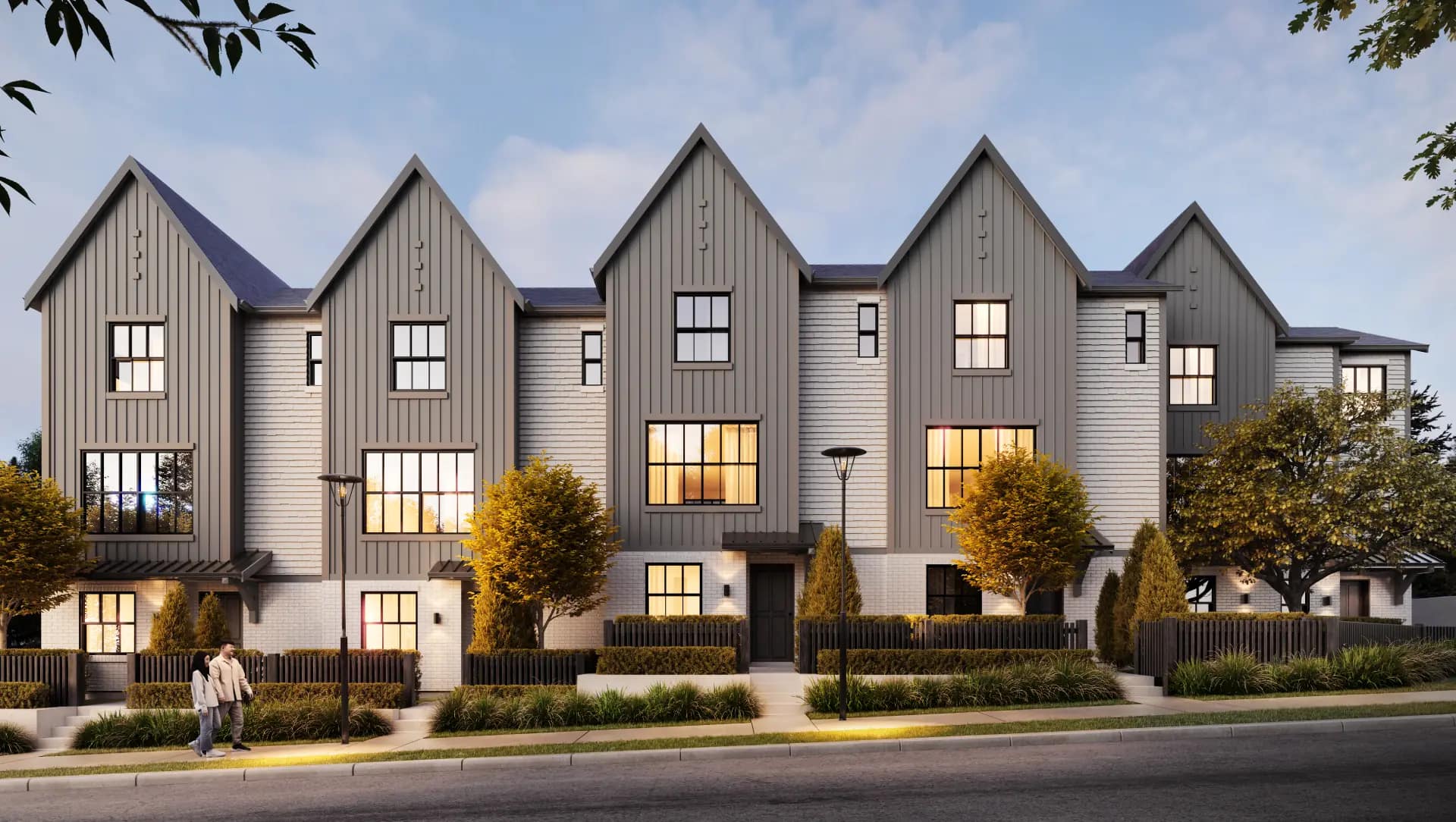 Modern townhome exteriors at Renfrew South Langley presale development in Langley’s Willoughby neighbourhood by CastleHill Homes at 20329 80 Avenue