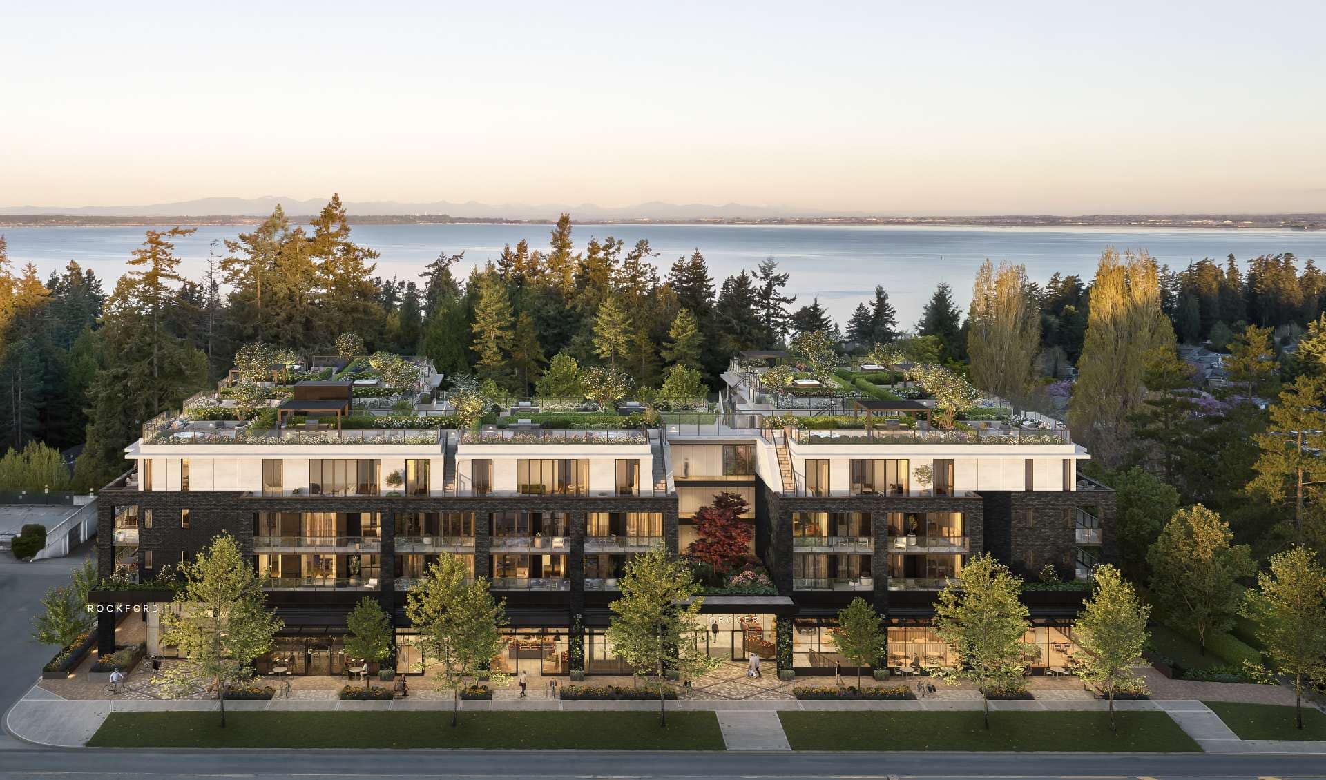 Aerial view of Rockford Ocean Park showing rooftop gardens and ocean backdrop at 1651 128 Street