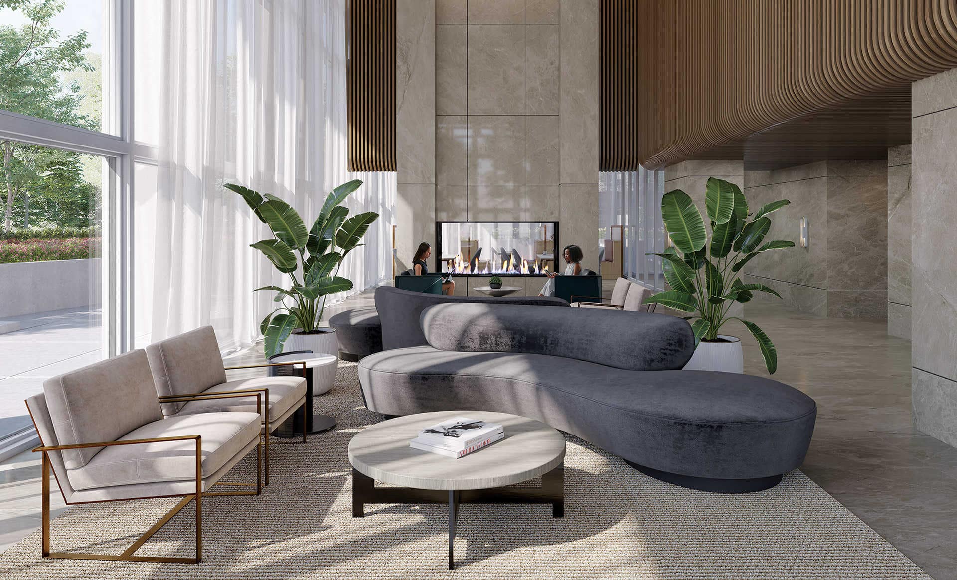 Resident lobby lounge at Smith & Farrow Coquitlam West presale by Boffo Developments, located at 720 Farrow Street, featuring sculptural seating, a modern fireplace, floor-to-ceiling windows, and warm architectural detailing throughout the space.