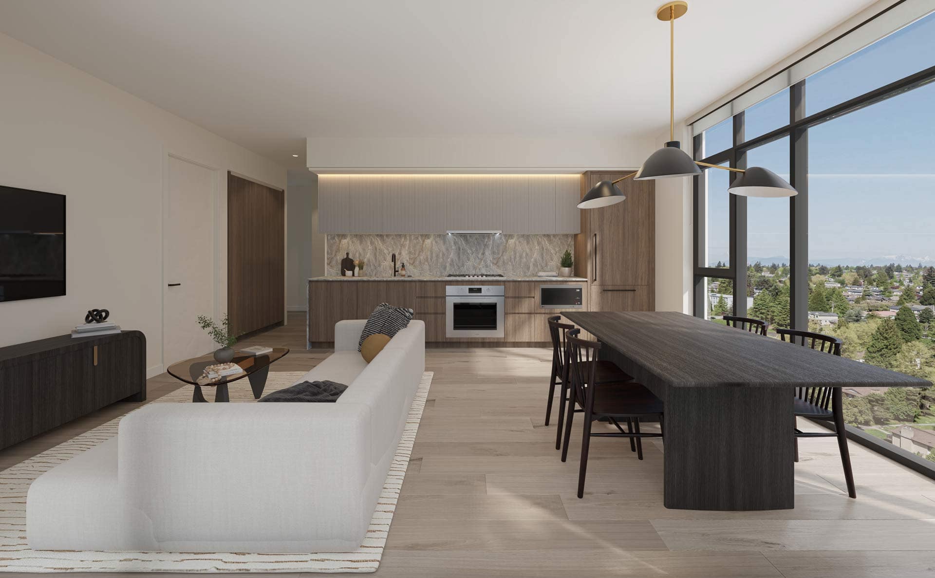 Wide interior view at West 57th Vancouver by Onni Group at 500 West 57th Avenue in Vancouverโs Cambie neighbourhood, featuring darker dining furniture, open kitchen, living area, and large windows