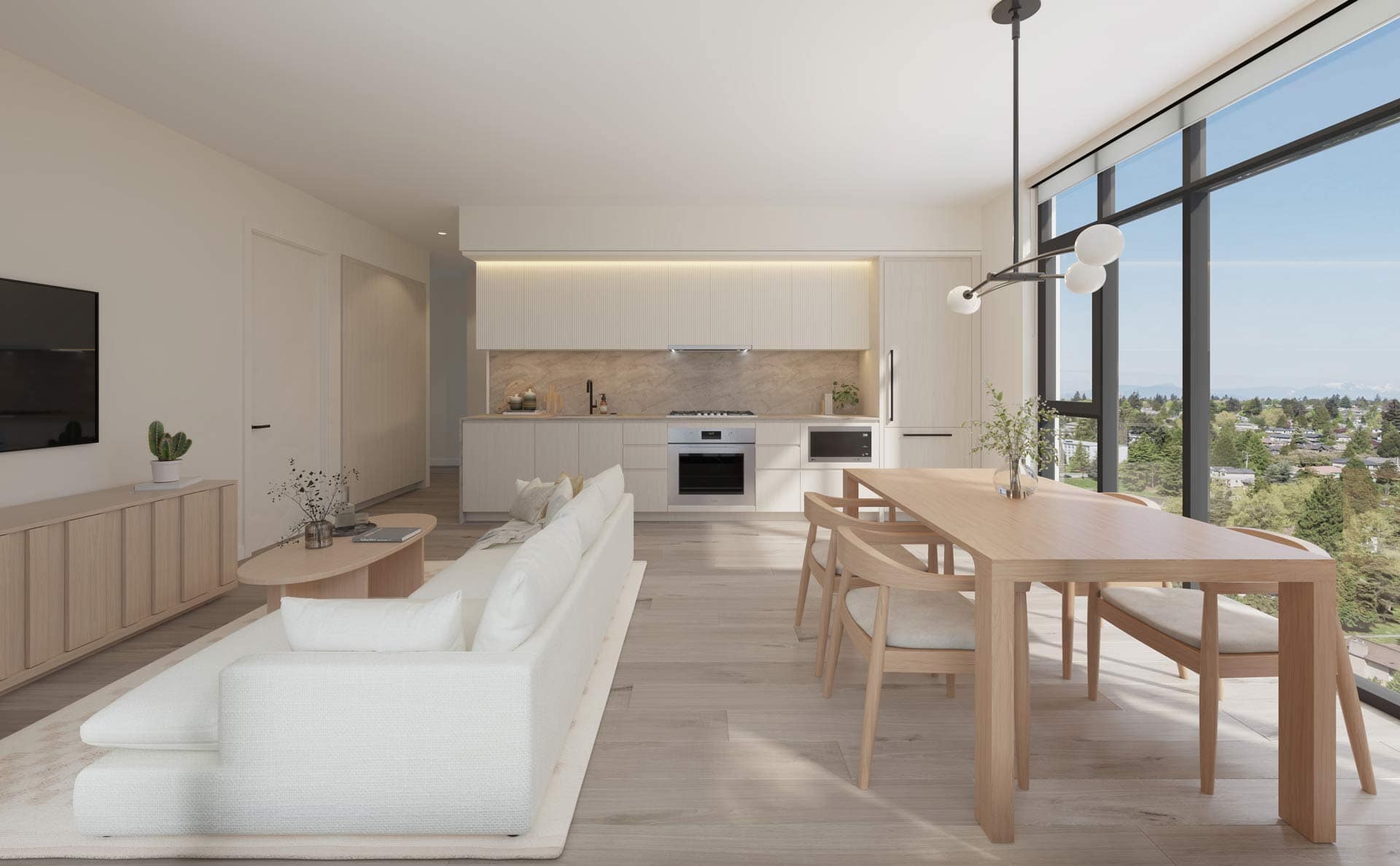 Wide interior view of a light-finish home at West 57th Vancouver by Onni Group at 500 West 57th Avenue in Cambie, showing living room, dining area, kitchen, and expansive windows