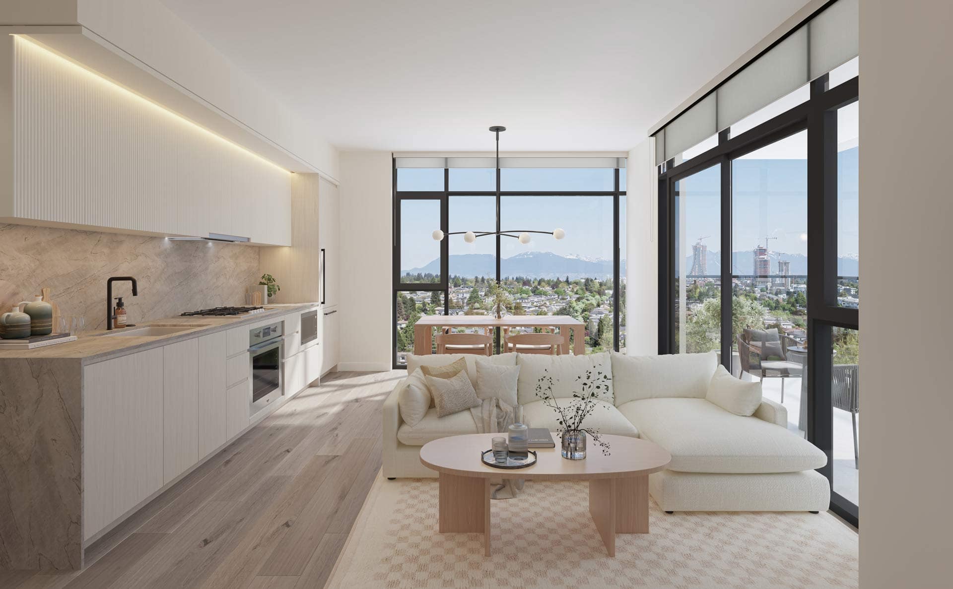 Open-concept living and kitchen at West 57th Vancouver by Onni Group at 500 West 57th Avenue in Cambie, with seamless layout, large windows, and light finishes