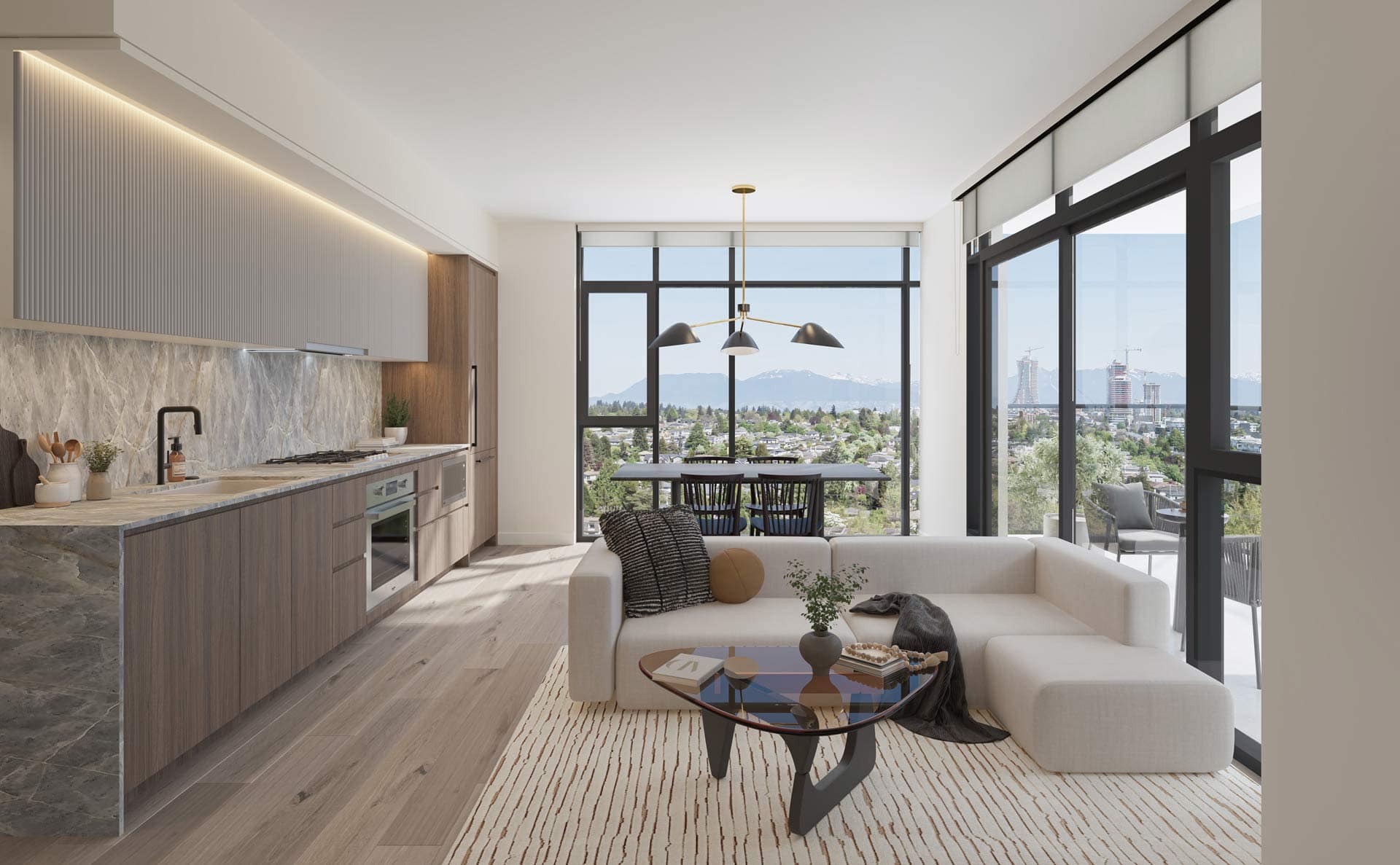 Open-concept kitchen and living area at West 57th Vancouver by Onni Group at 500 West 57th Avenue in Vancouverโs Cambie neighbourhood, featuring darker kitchen finishes, light seating, large windows, and wide views