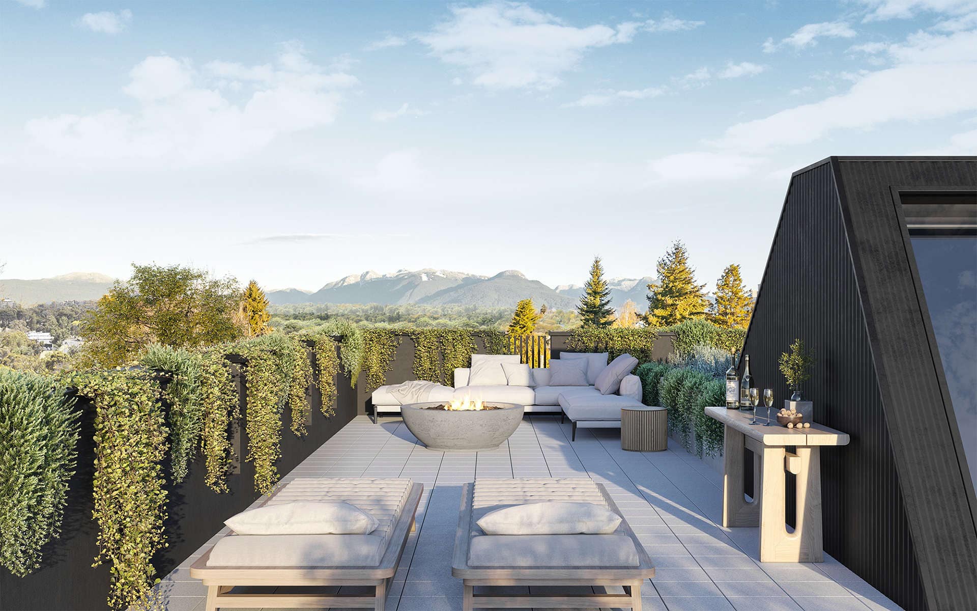 Amenity courtyard at The Cut East Vancouver with gathering spaces and landscaped pathways.