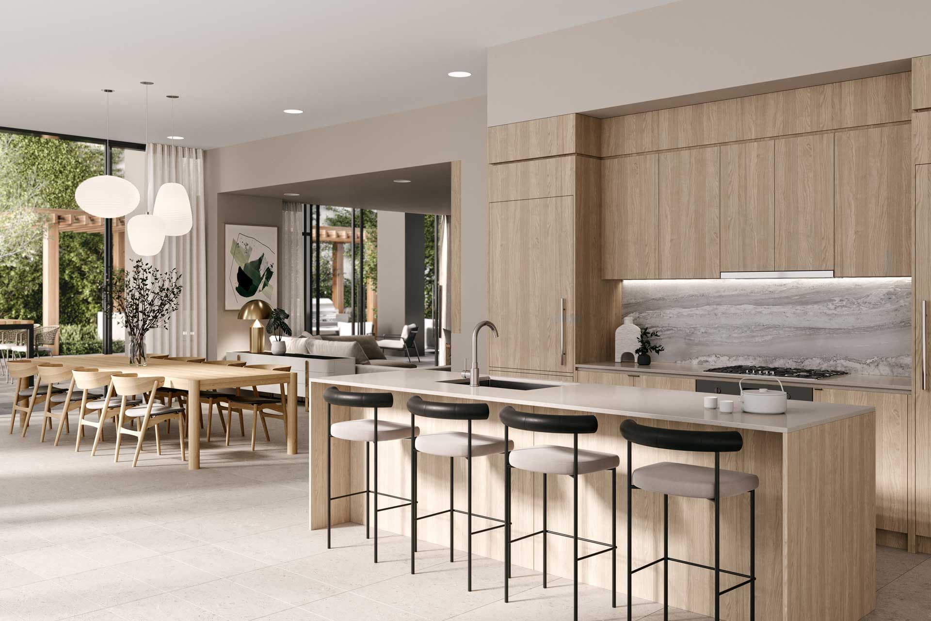 Amenity kitchen and dining space at Jinju Coquitlam condos by Anthem Properties, located at 533 Cottonwood Avenue in Burquitlam, featuring island seating, wood cabinetry, and communal dining area.