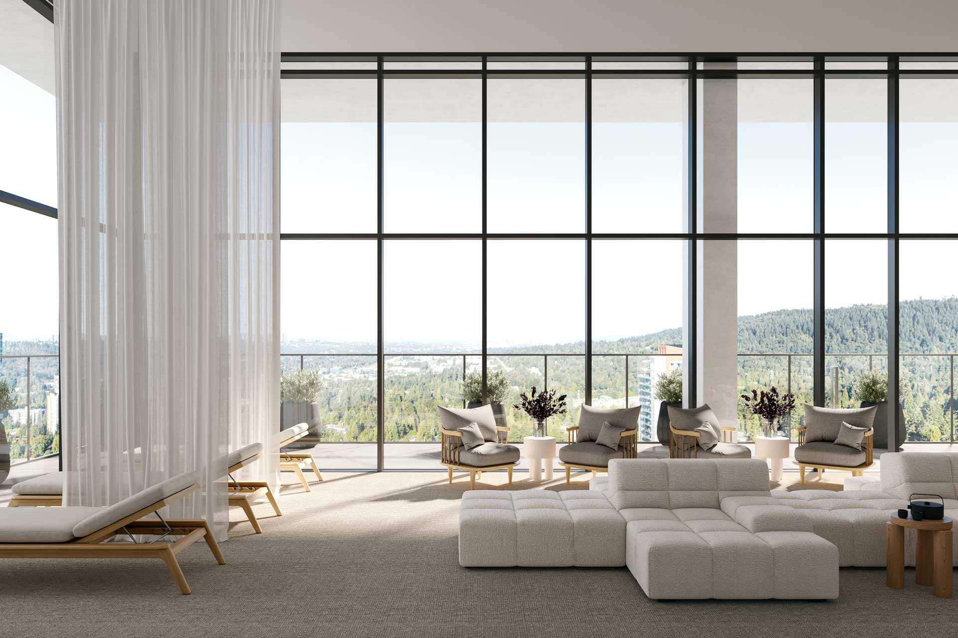Lounge space at Jinju Coquitlam condos by Anthem Properties, located at 533 Cottonwood Avenue in Burquitlam, featuring soft seating, floor-to-ceiling windows, and outdoor terrace views.