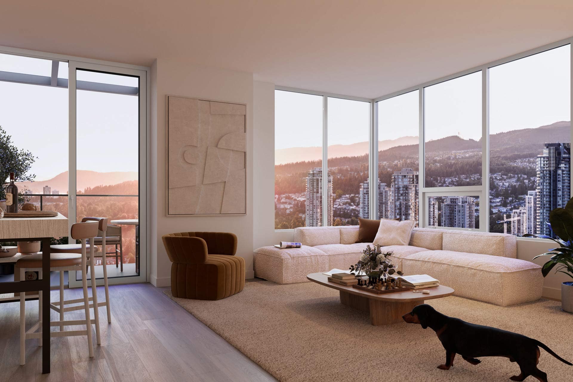 Bright living room at Town & Centre by Mosaic in Port Coquitlam featuring large windows, modern furniture, and mountain views from 3650 Westwood Street