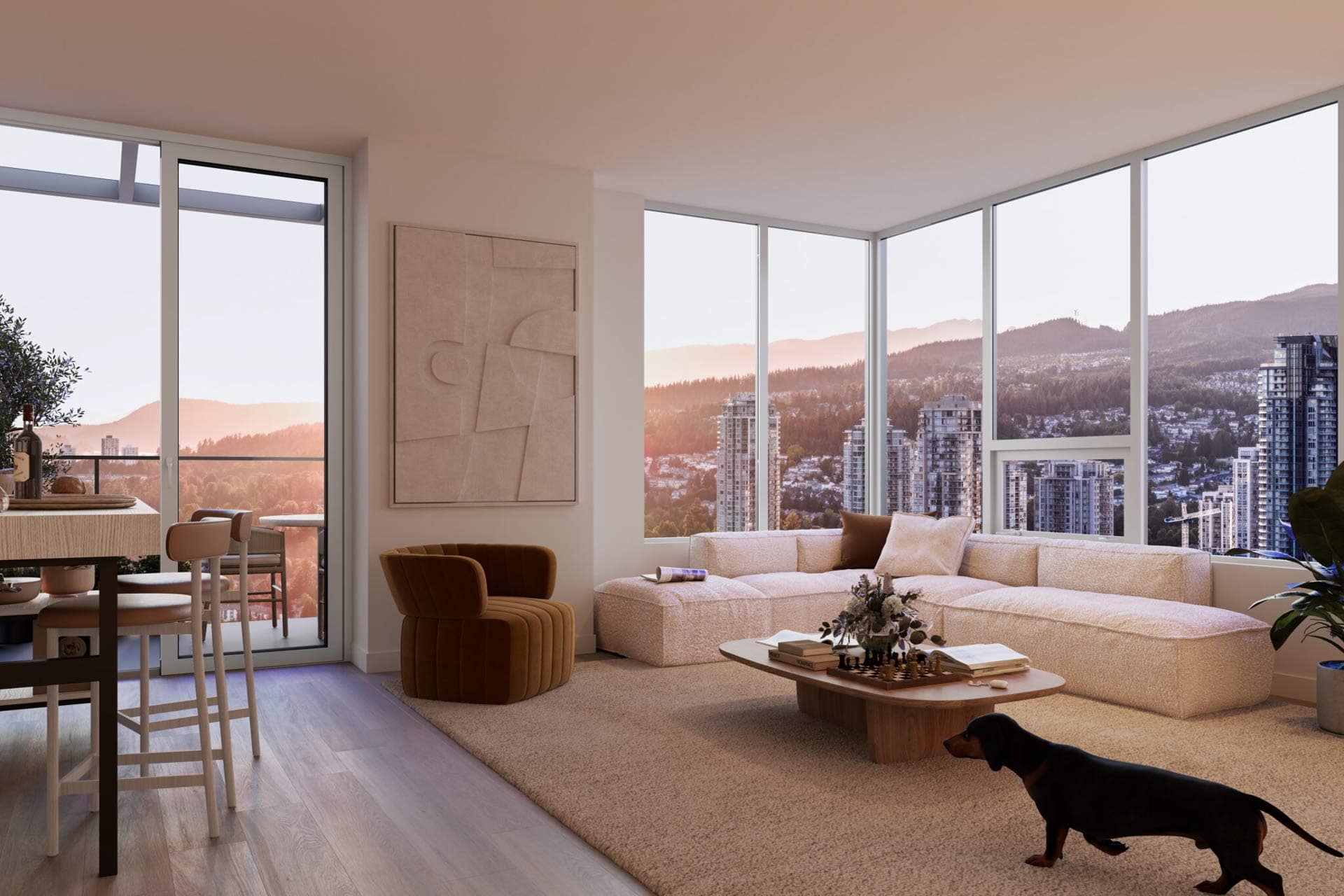 Living space at Town & Centre by Mosaic at 3650 Westwood Street with balcony access, large windows, and scenic Coquitlam Town Centre views