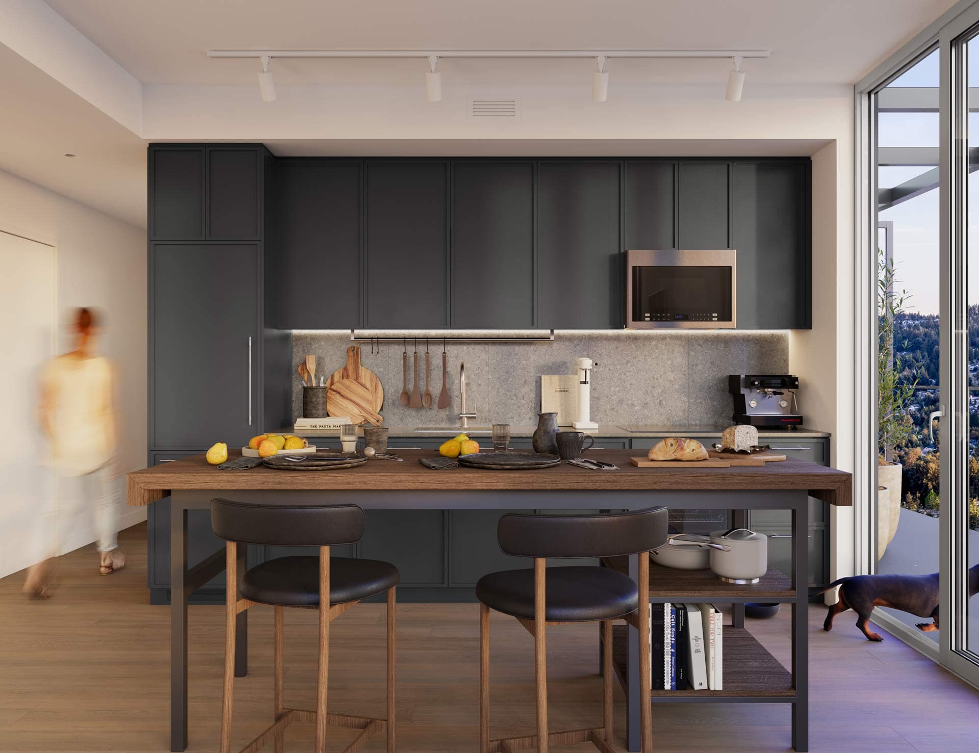 Spacious kitchen at Town & Centre by Mosaic in Port Coquitlam designed for entertaining with island seating and modern finishes at 3650 Westwood Street