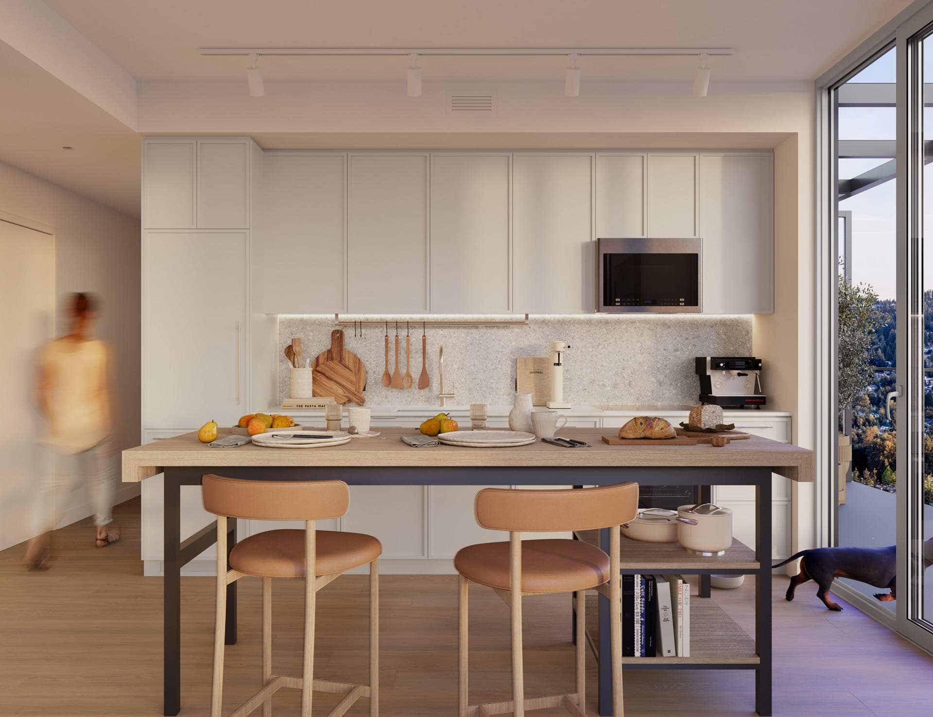 Contemporary kitchen at Town & Centre by Mosaic at 3650 Westwood Street with light cabinetry, island seating, and modern appliances in Coquitlam Town Centre