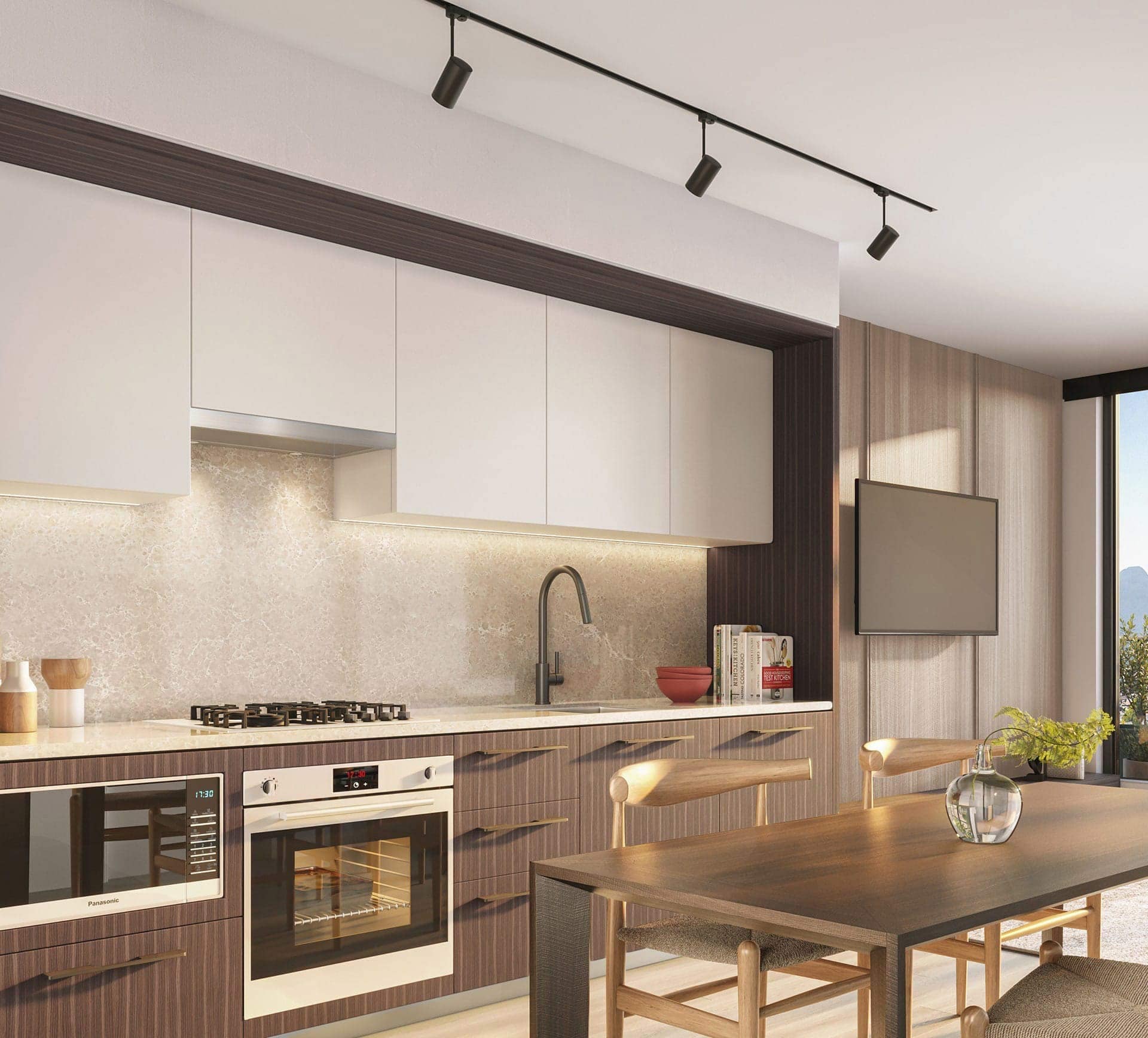 Modern kitchen interior at Frame Vancouver presale by Peterson at 5189 Earles Street in Collingwood, featuring flat-panel cabinetry, integrated appliances, stone backsplash, and warm wood finishes.