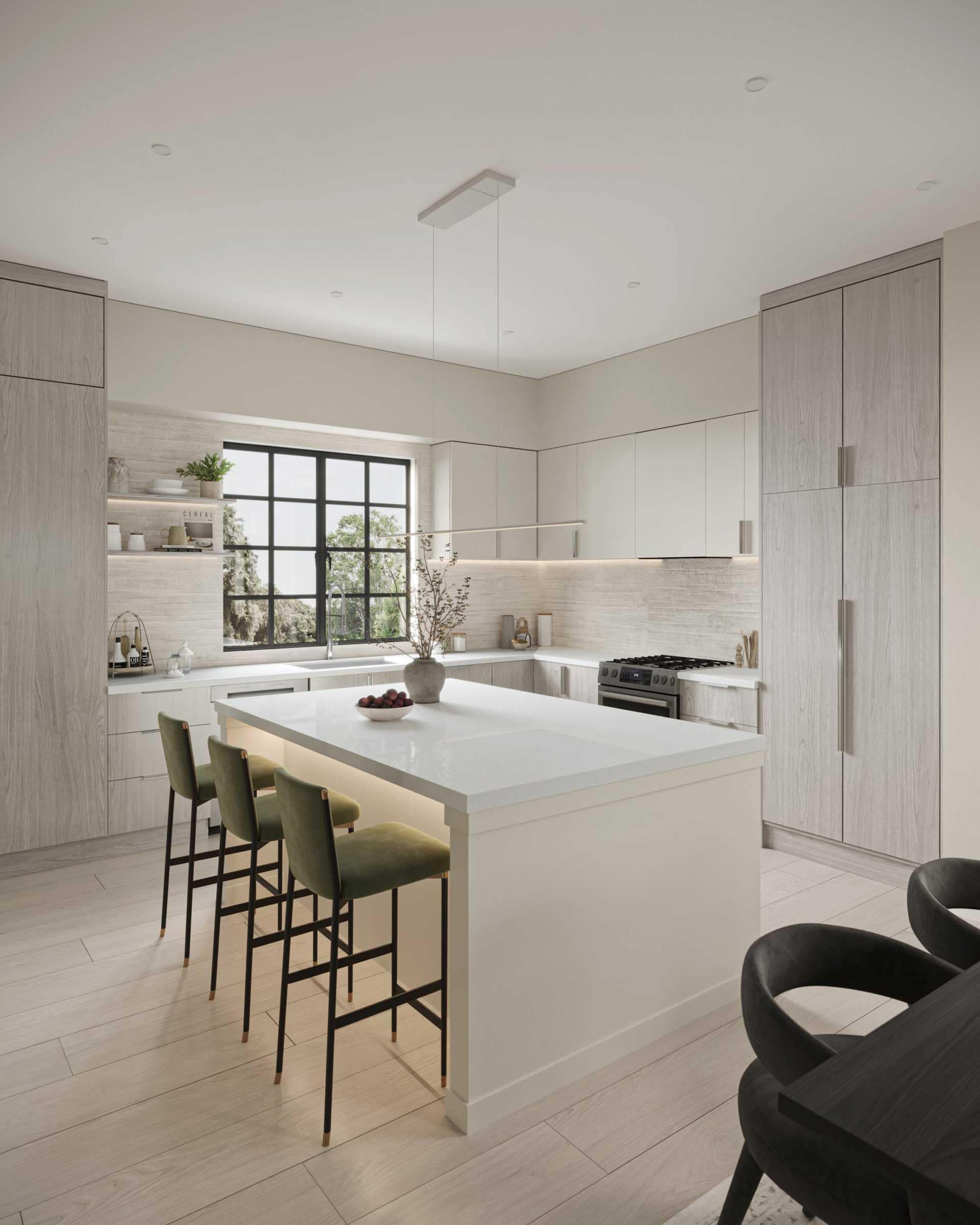 Bromley Langley presale kitchen interior by Leone Homes at 20815 45A Avenue featuring a bright open-concept layout with a large white island, integrated lighting, light wood cabinetry, modern appliances, bar seating, and oversized black-framed windows in a Brookswood townhome