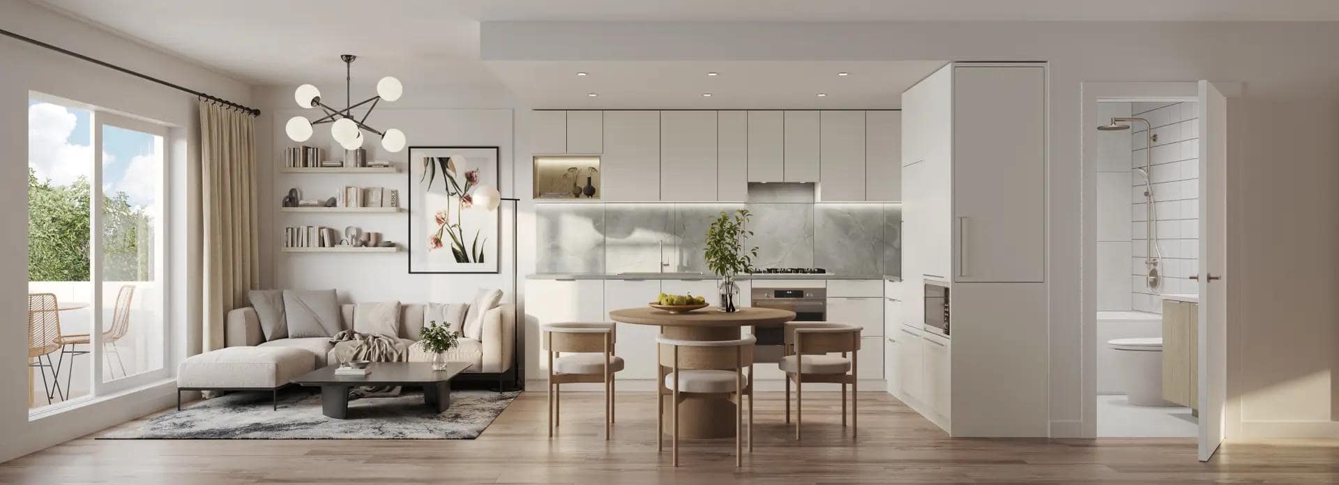 Wide open-concept interior at Hendry presale homes in East Vancouver, showcasing living area, dining space, modern kitchen, and adjacent bathroom with European minimalism and natural materials at 3839 Commercial Street by Trillium Projects.