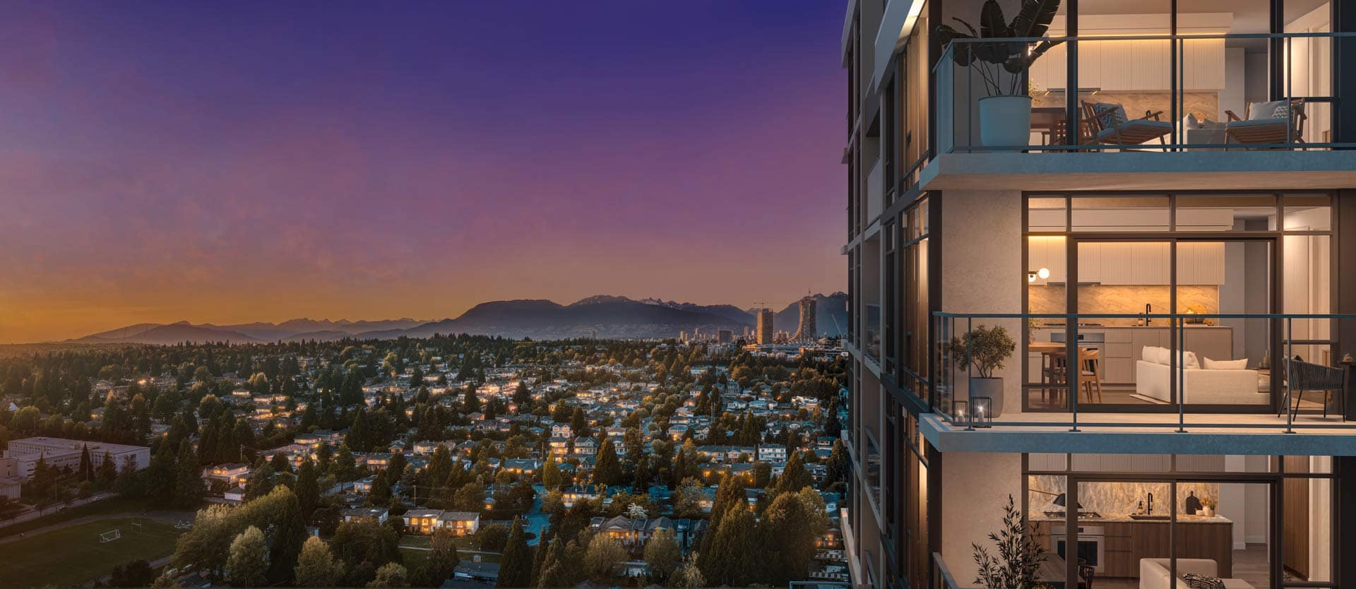 Sunset exterior view from West 57th Vancouver by Onni Group at 500 West 57th Avenue in Vancouverโs Cambie neighbourhood, showing illuminated homes, surrounding neighbourhood, and mountain backdrop