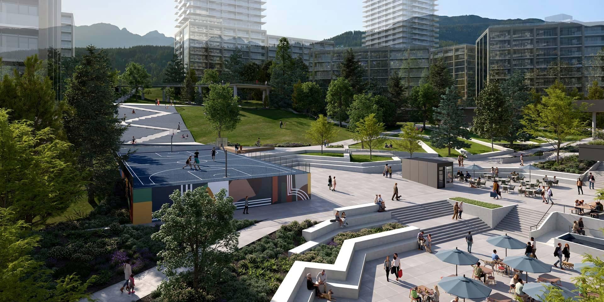 Large outdoor community plaza at 1 Market Square Port Moody by Wesgroup at 220 Guildford Drive, featuring landscaped terraces, a rooftop basketball court, stepped seating, and open green space surrounded by modern residential buildings in Port Moody North Shore.