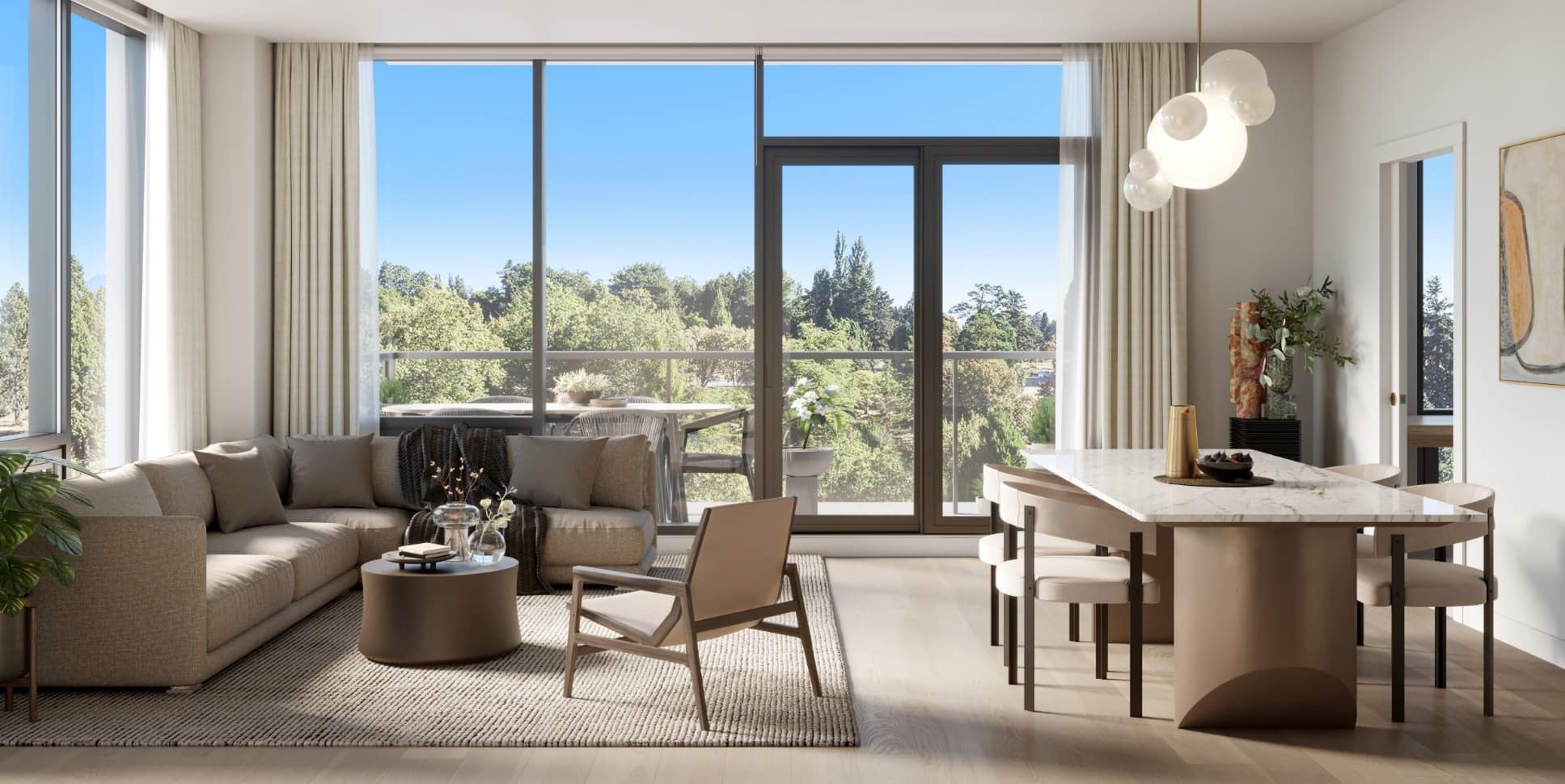 Living room with park views at Lina at QE Park in Vancouverโs Cambie neighbourhood