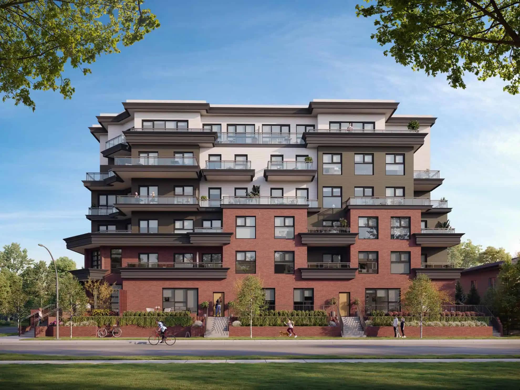 Front elevation rendering of The PoCo Port Coquitlam at 2431 Mary Hill Road, developed by Azure Group, featuring a mid-rise condo building with brick podium, modern upper levels, and expansive balconies along a tree-lined street in Central Port Coquitlam