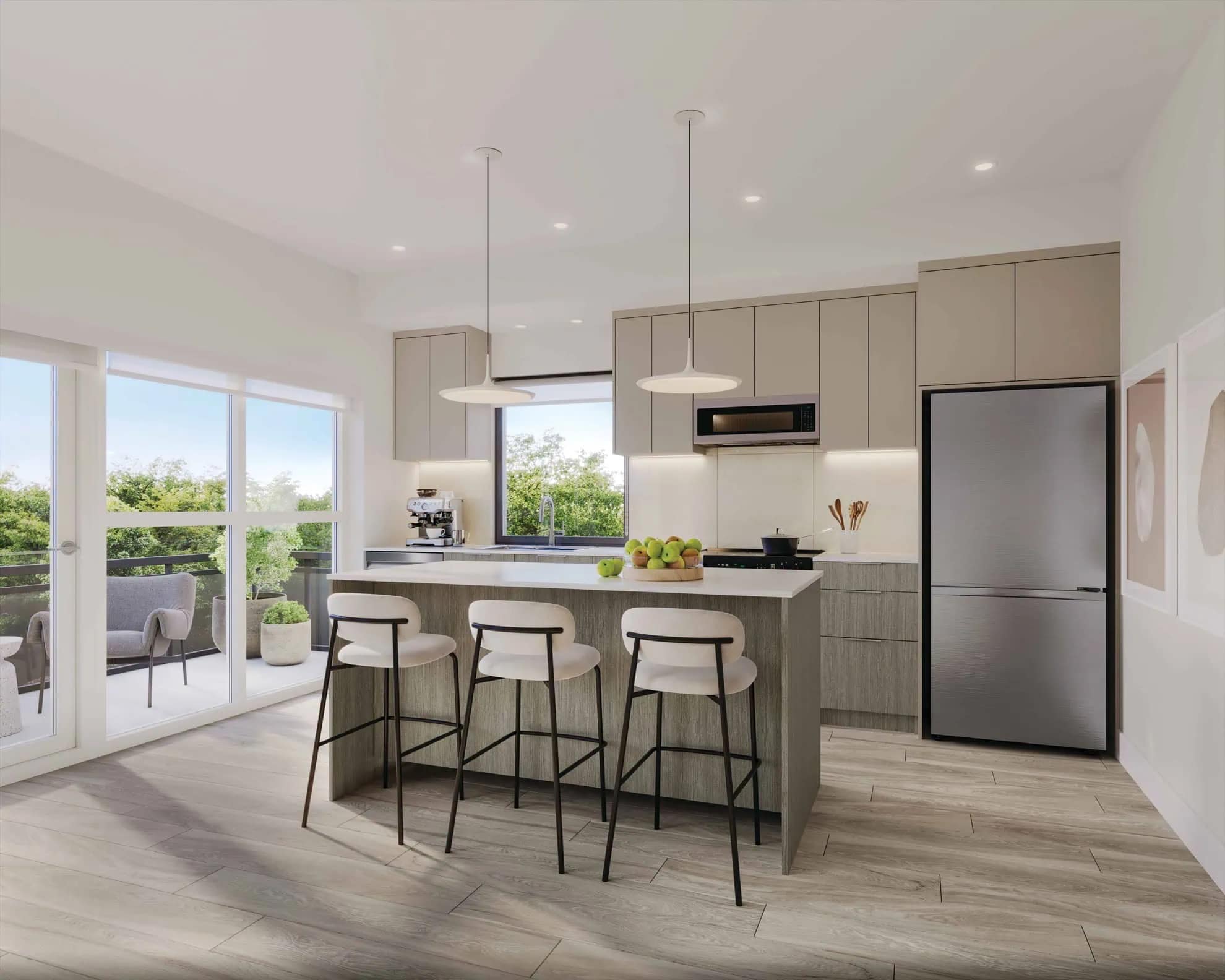 Alternate kitchen design at The PoCo Port Coquitlam showing modern cabinetry, integrated appliances, pendant lighting, and bright open layout in a home at 2431 Mary Hill Road in Central Port Coquitlam