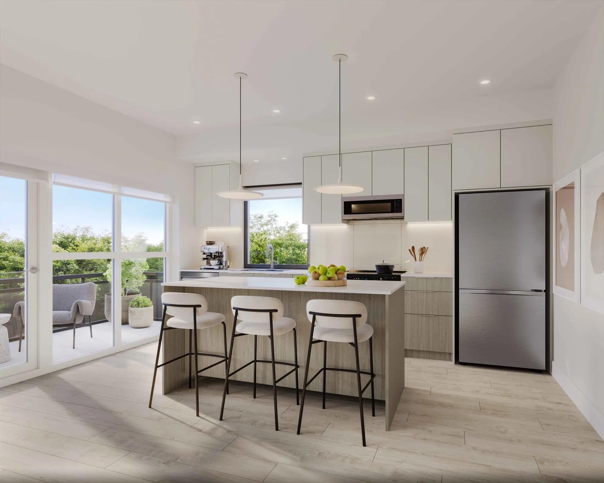 Contemporary kitchen at The PoCo Port Coquitlam featuring a central island with seating, pendant lighting, stainless steel appliances, and direct access to a private balcony at 2431 Mary Hill Road