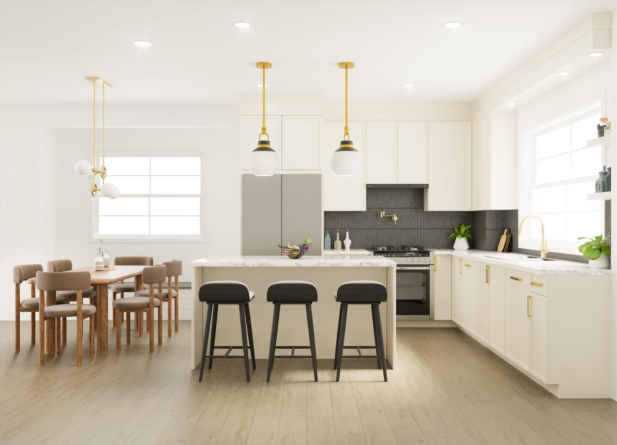 Bright contemporary kitchen at Fiore Langley featuring white cabinetry, gold accents, quartz countertops, modern pendant lighting, large island seating, and open dining area by Front Lane Developments at 8039 197 Street in Langley.