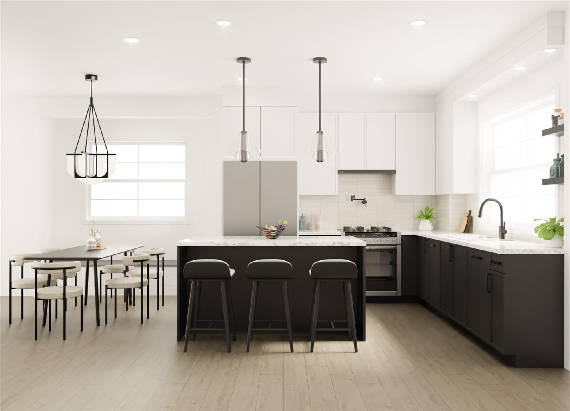 Contemporary kitchen interior at Fiore Langley by Front Lane Developments featuring a large island, black cabinetry, quartz countertops, pendant lighting, stainless steel appliances, and open-concept dining space at 8039 197 Street in Langley.
