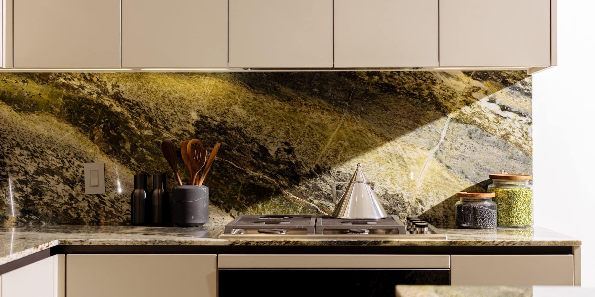 Close-up of luxury kitchen backsplash and finishes at 1818 Alberni Vancouver