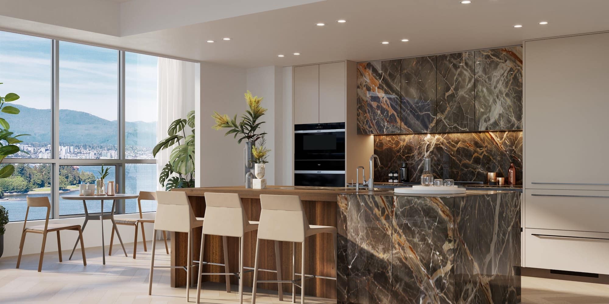 Luxury marble kitchen at 1818 Alberni overlooking ocean and city views