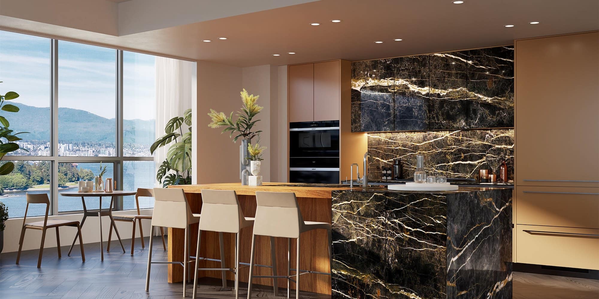 Luxury kitchen at 1818 Alberni Vancouver with ocean and mountain views