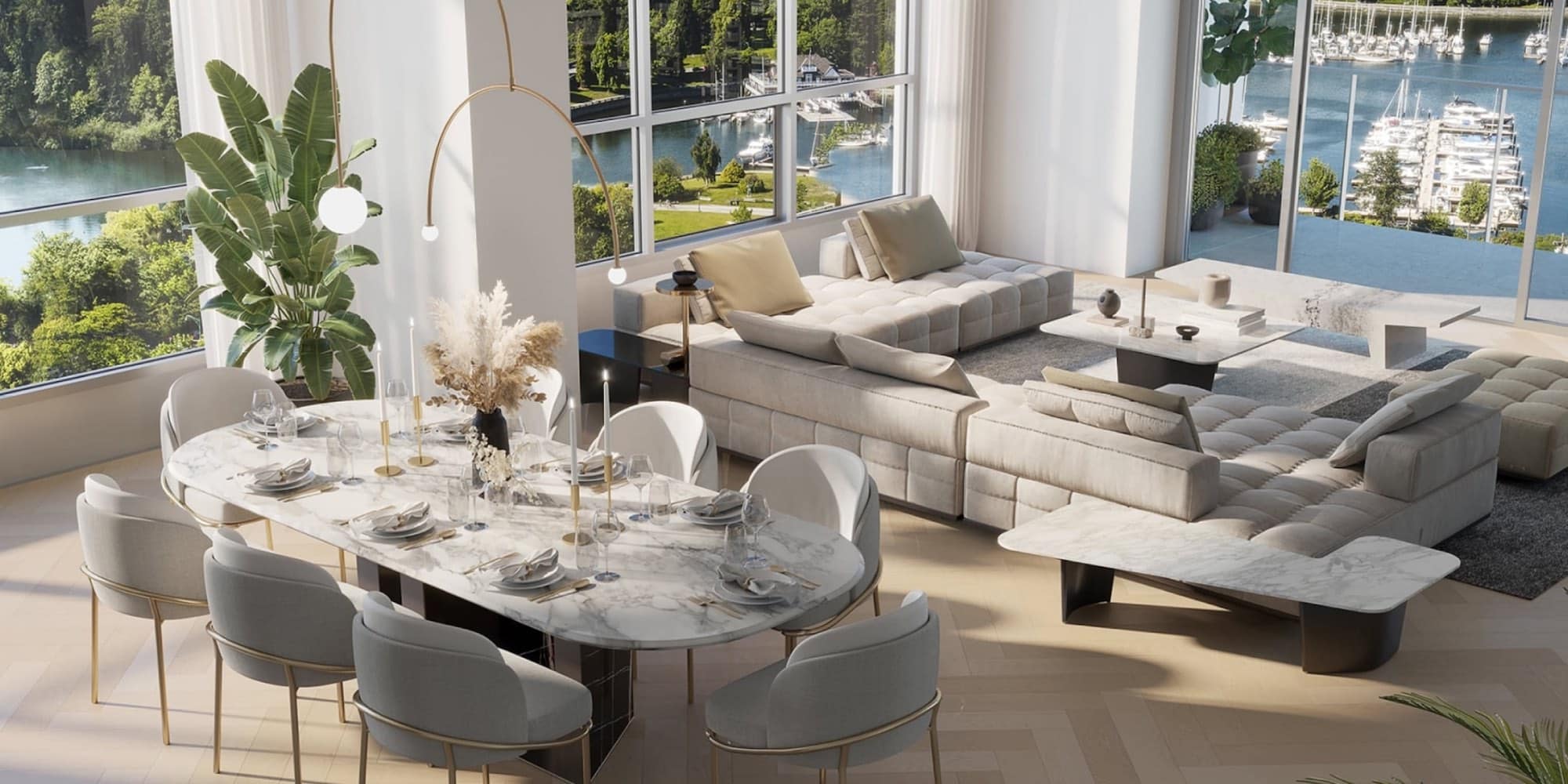 Living and dining area with marina view at 1818 Alberni Vancouver