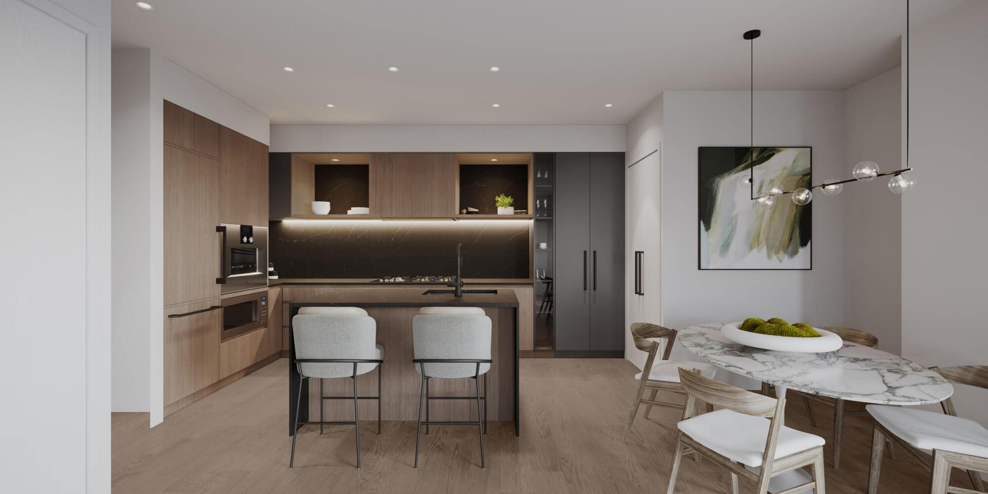 Sophisticated designer kitchen at Be W 49th Vancouver featuring dark stone backsplash, wood cabinetry, integrated appliances, kitchen island seating, and modern lighting in a luxury Oakridge townhouse development by Modella Developments.