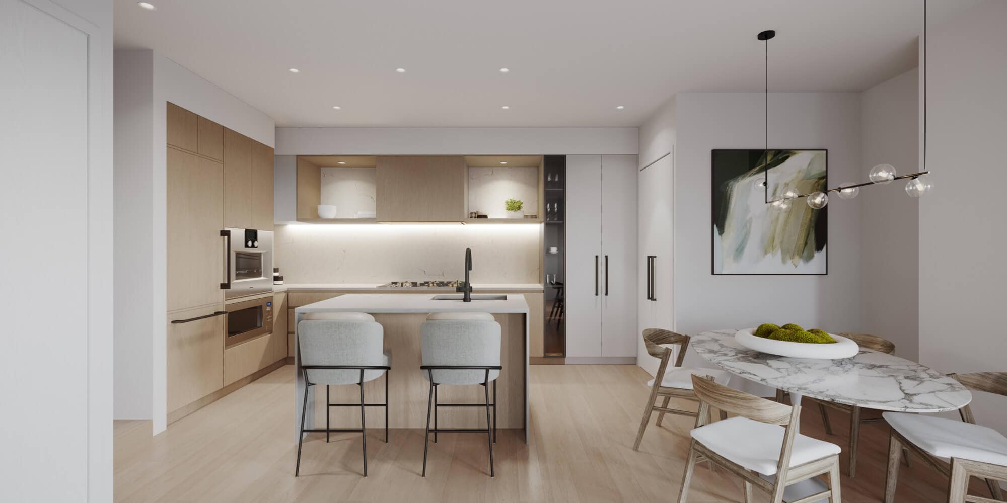 Light interior kitchen palette at Be W 49th Vancouver with pale wood cabinetry, white quartz counters, integrated storage, and soft neutral finishes inside the Modella Developments project at 715 West 49th Avenue in Oakridge.