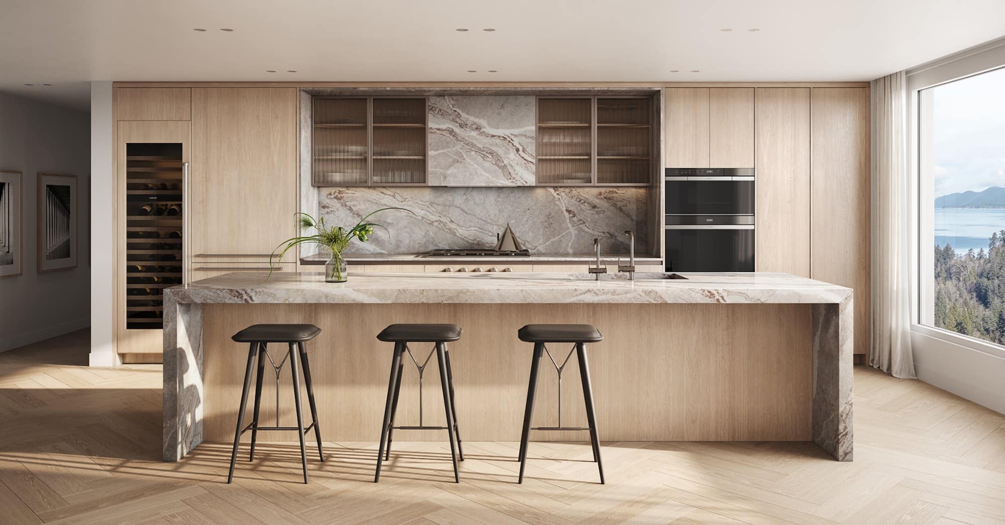 Spacious kitchen island with natural stone at 1818 Alberni Vancouver