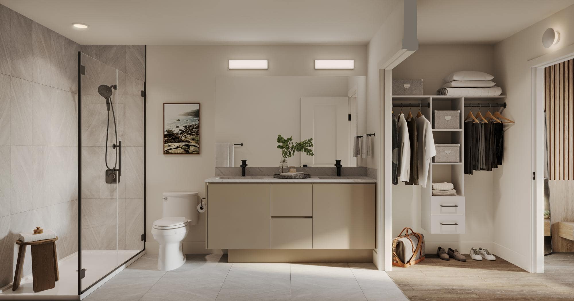 Eden Langley bathroom with vanity, shower, and adjacent storage space, designed for practical condo living in Willoughby