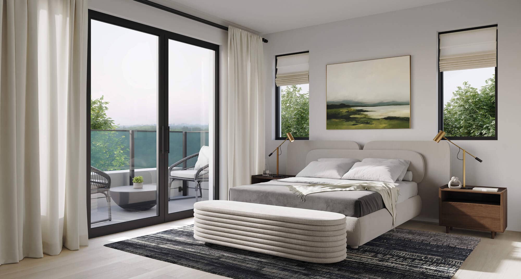 Spacious primary bedroom at Be W 49th Vancouver with private balcony access, floor-to-ceiling patio doors, soft neutral interiors, and contemporary furnishings in the Oakridge development by Modella Developments.