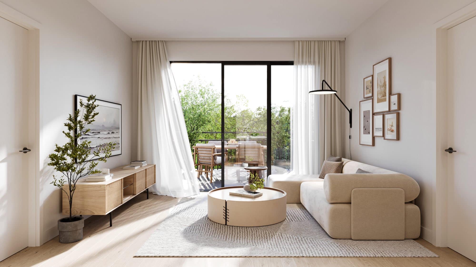 Interior rendering of a living room at Siena Burnaby by Landa Global Properties located at 4451 Hastings Street in Burnabyโs Vancouver Heights neighbourhood. The space features warm wood flooring