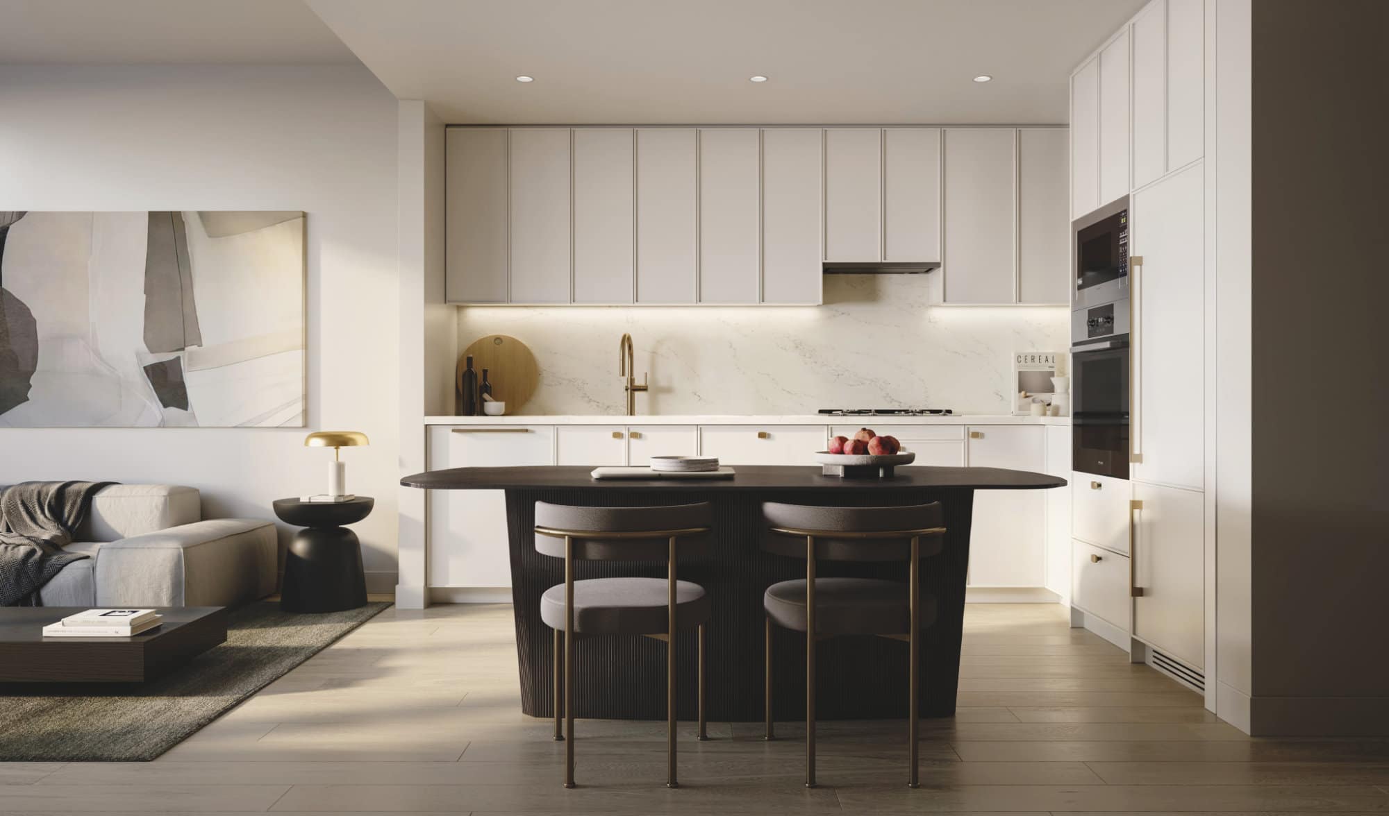 White modern kitchen at Reign Metrotown with full-height cabinets and island seating.