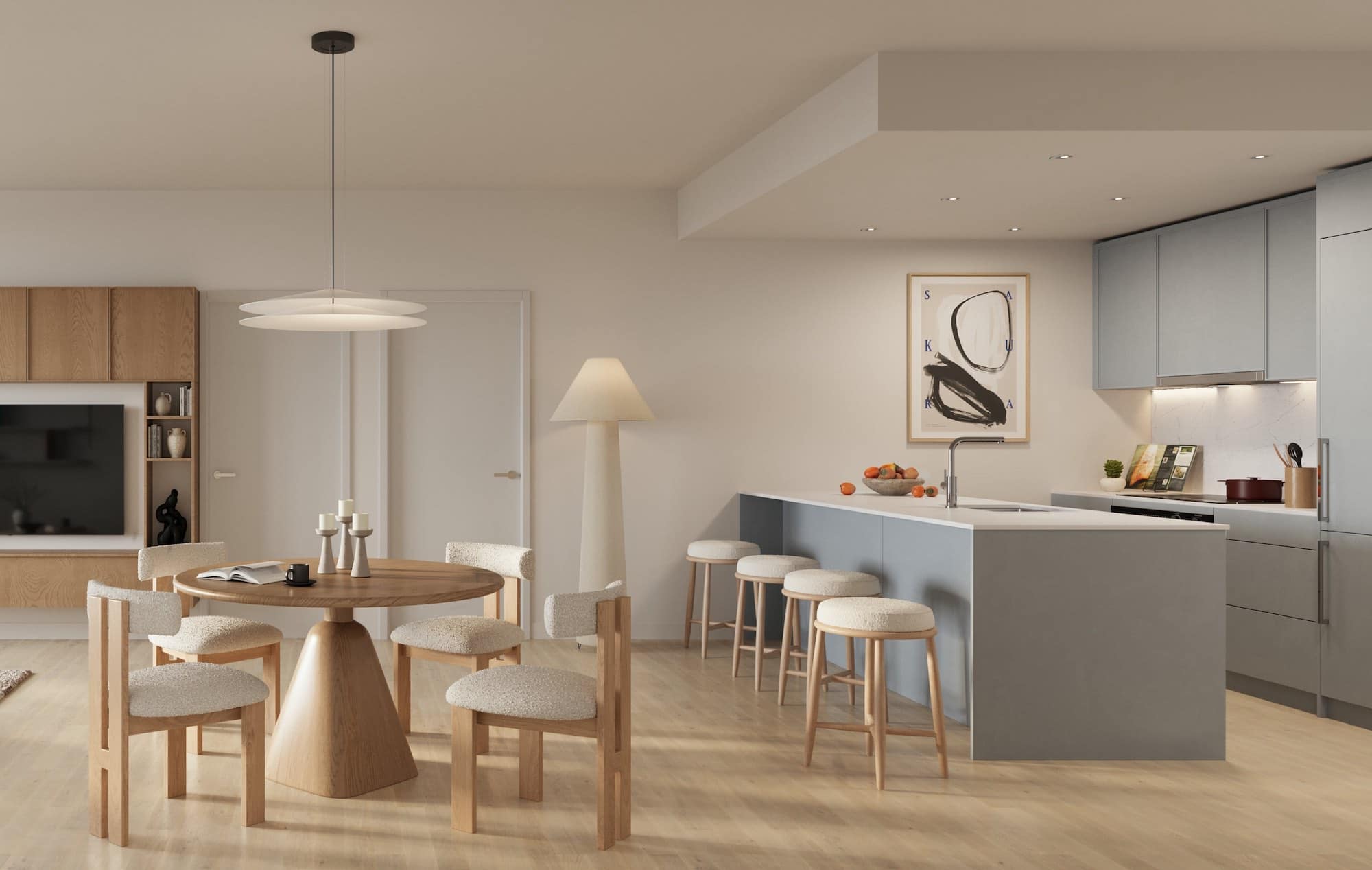 Dining and kitchen area at Kwasen Village in Burnaby Hospital neighbourhood