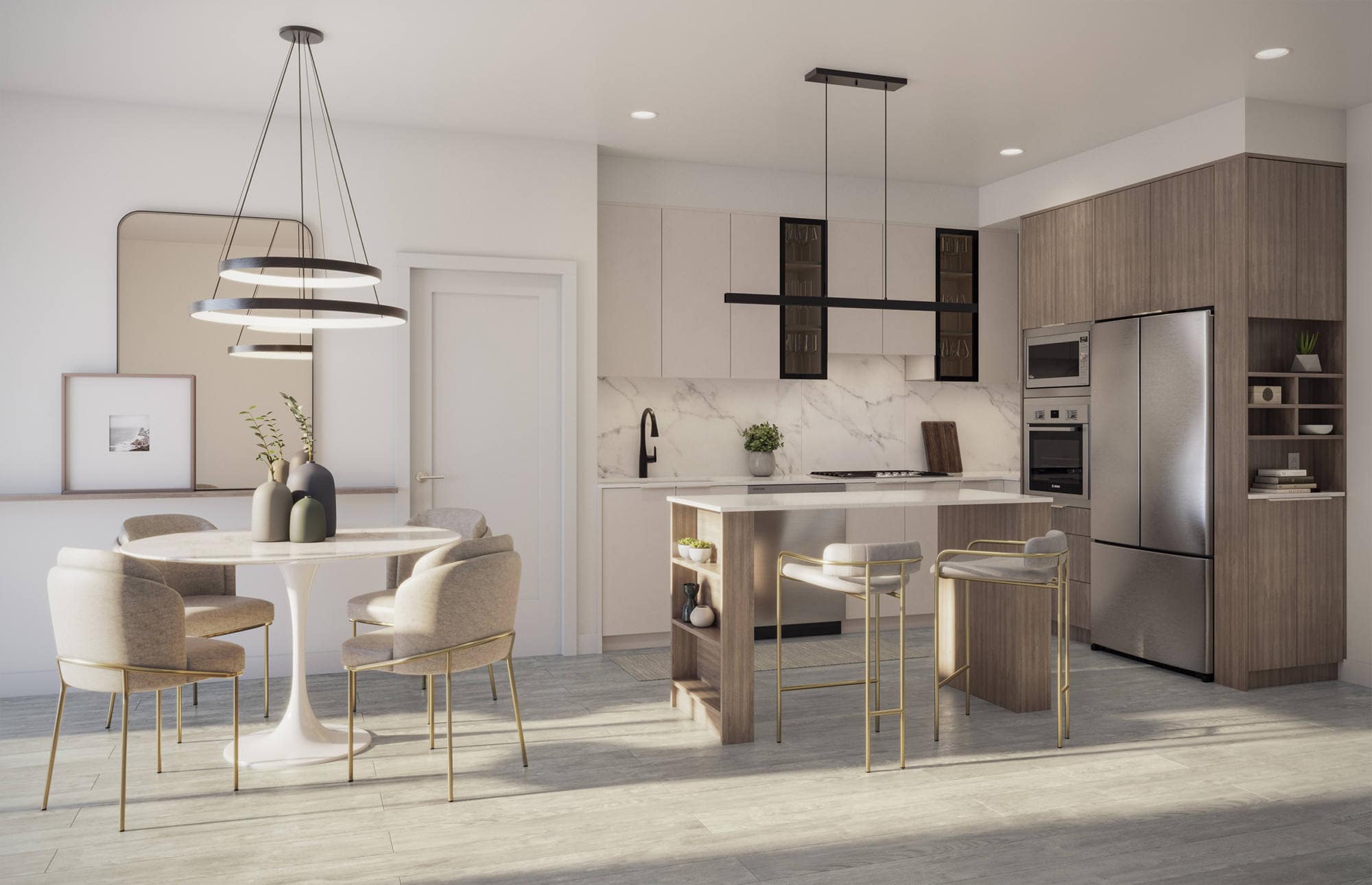 Contemporary kitchen and dining area at Amson Bloc Surrey by Amson Group featuring quartz countertops, integrated appliances, pendant lighting, and modern cabinetry at 5937 144 Street Panorama Ridge